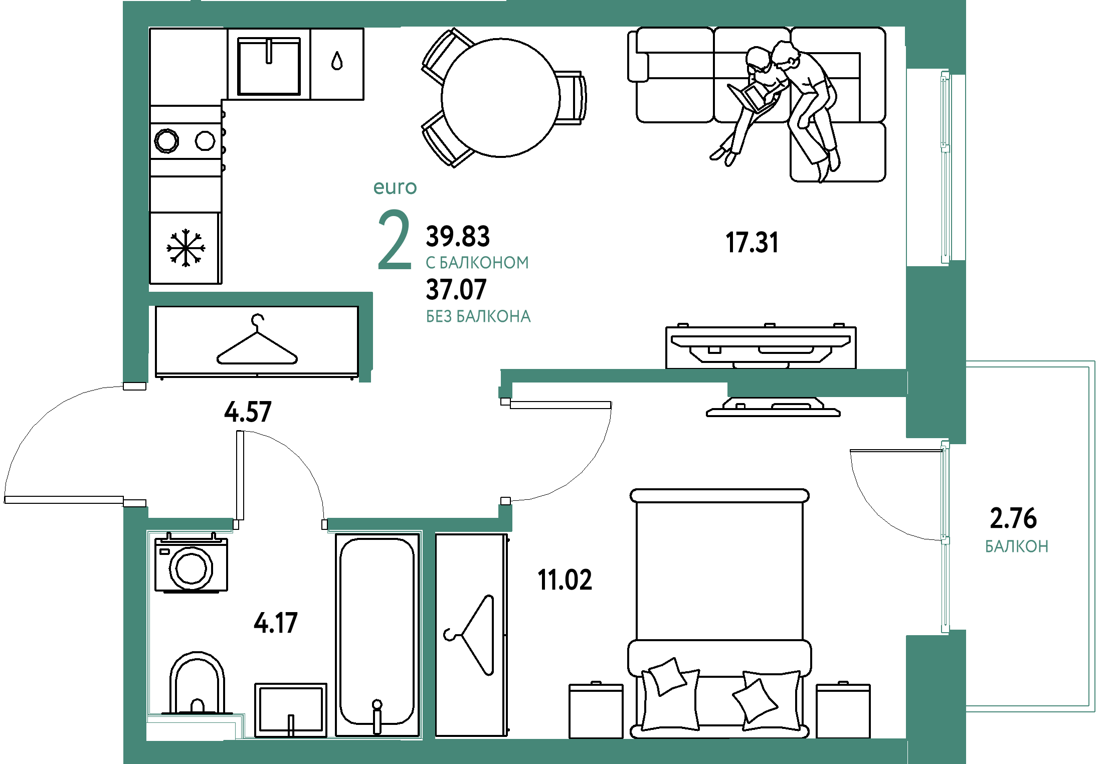 ЖК "Европейский берег 2.0"-2-комнатная 39.83 м²