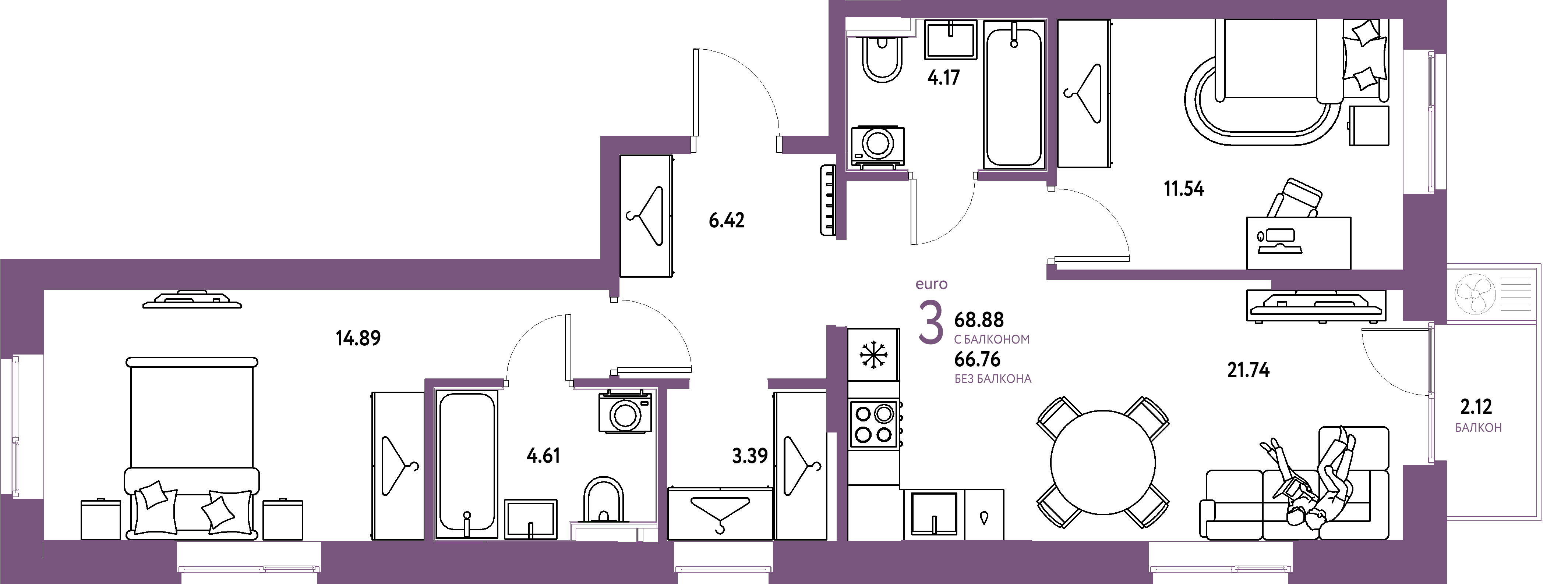 ЖК "Европейский берег 2.0"-3-комнатная 68.88 м²