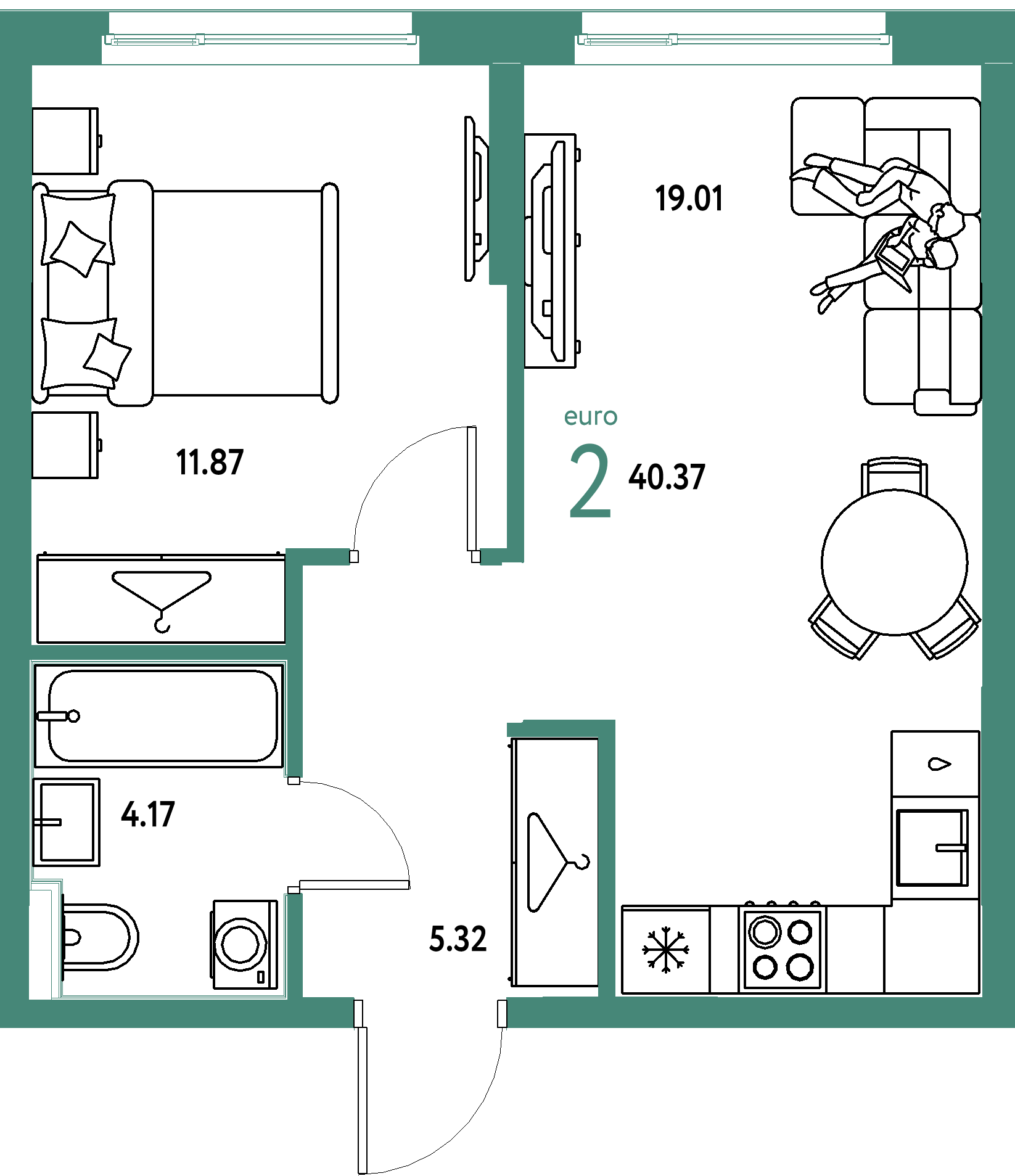 ЖК "Европейский берег 2.0"-2-комнатная 40.37 м²