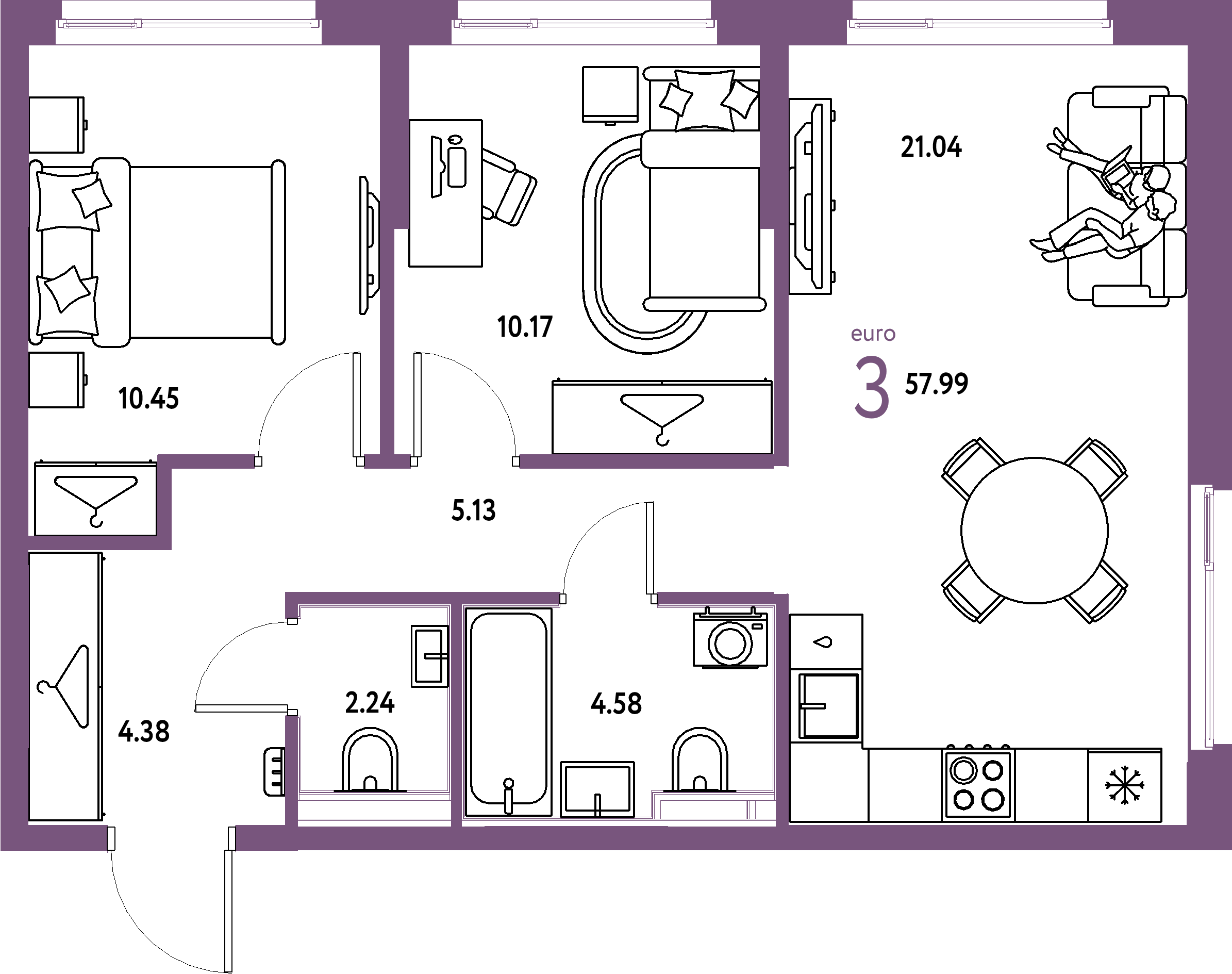 ЖК "Европейский берег 2.0"-3-комнатная 57.99 м²