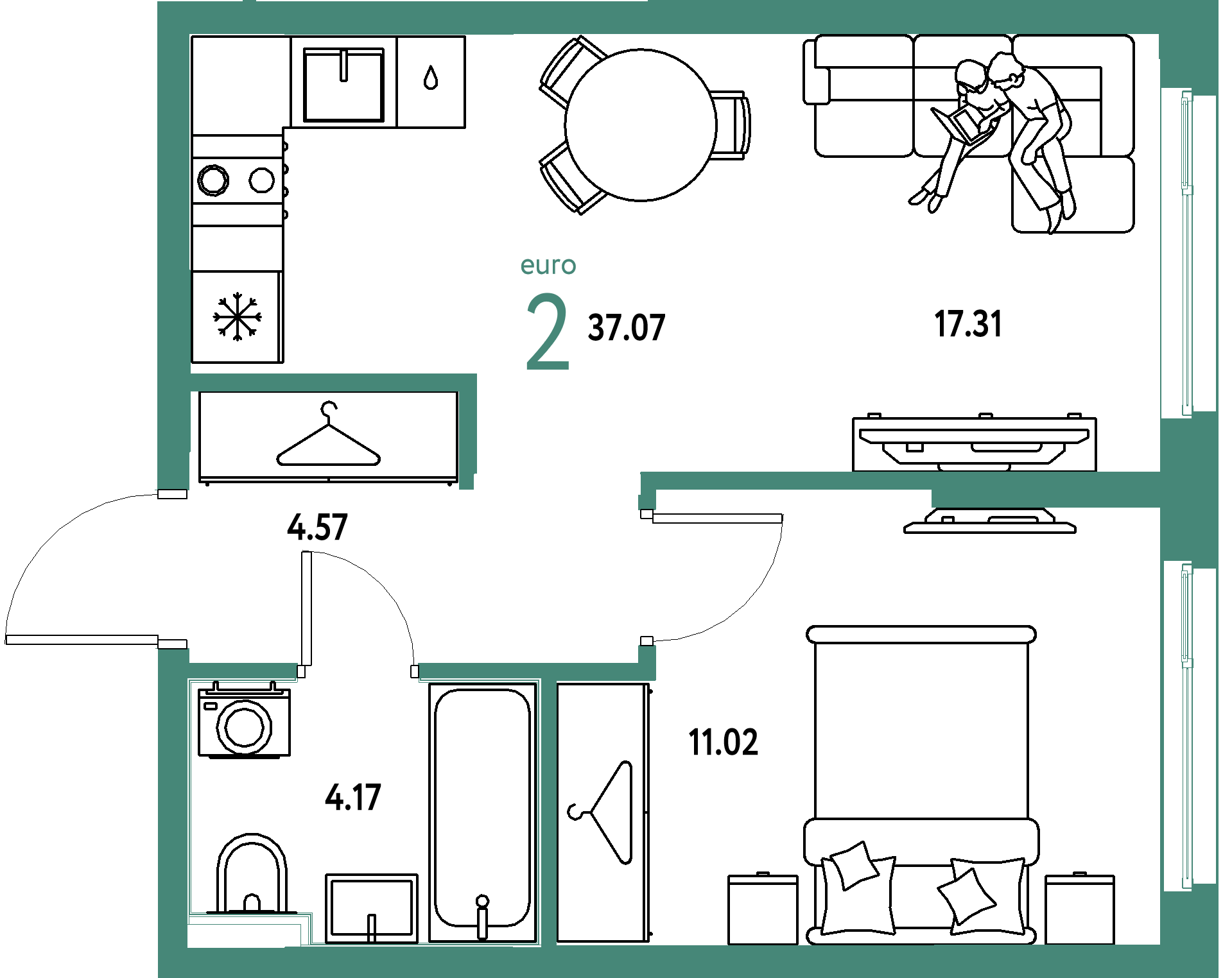 ЖК "Европейский берег 2.0"-2-комнатная 37.07 м²
