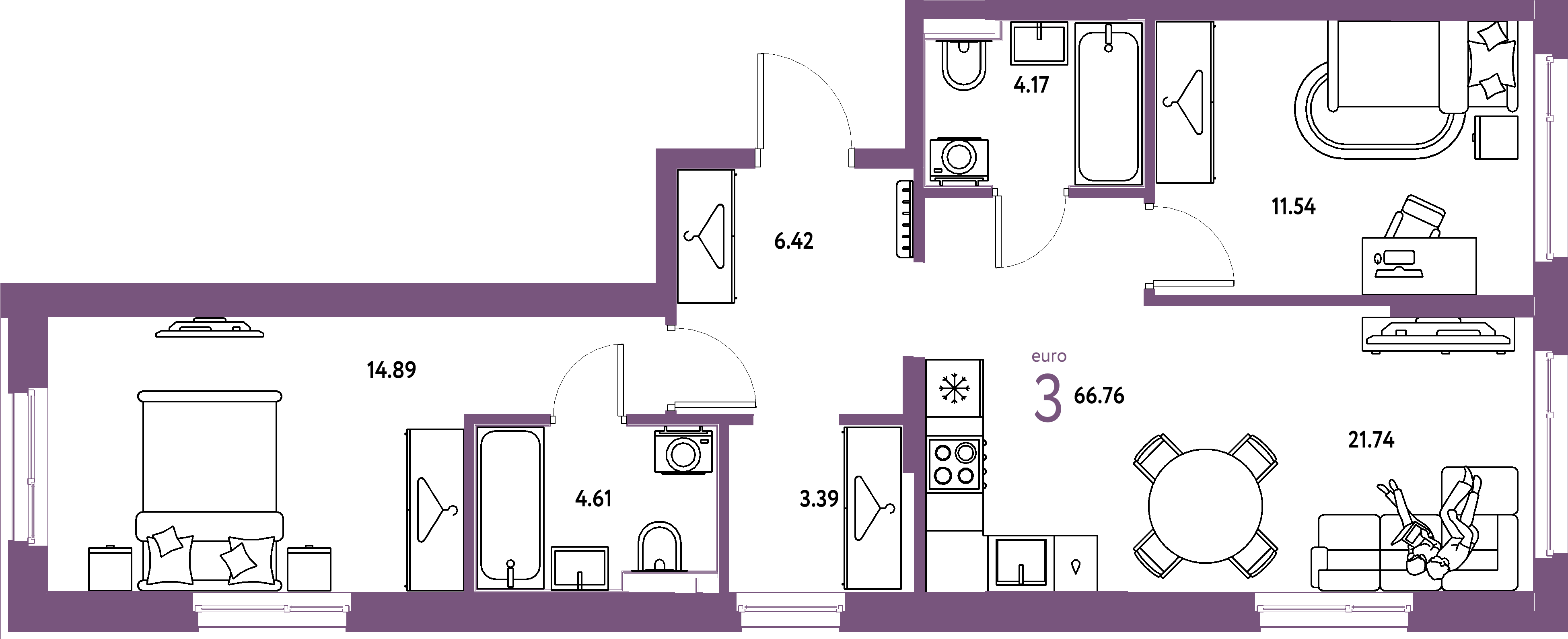 ЖК "Европейский берег 2.0"-3-комнатная 66.76 м²