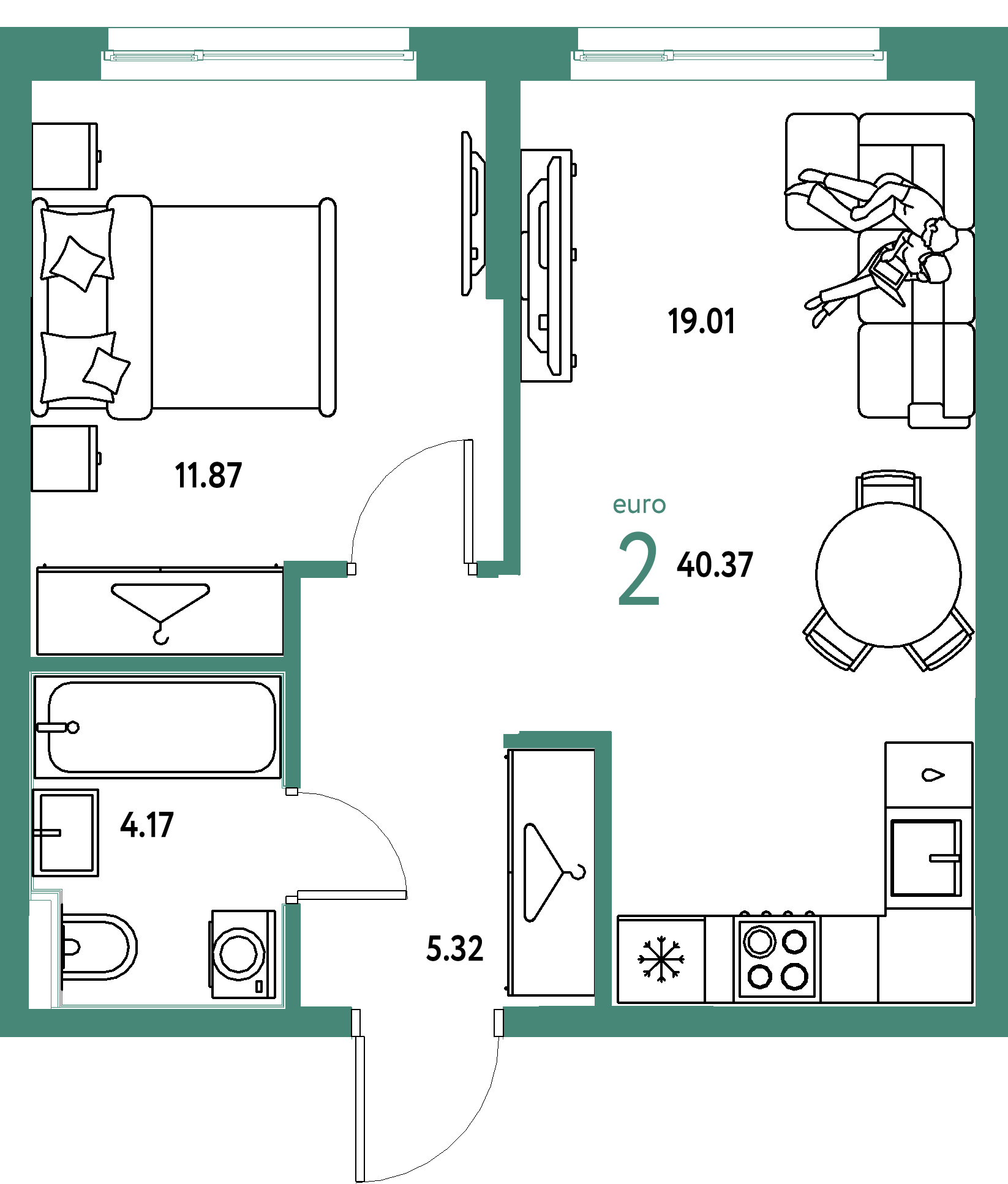 ЖК "Европейский берег 2.0"-2-комнатная 40.37 м²