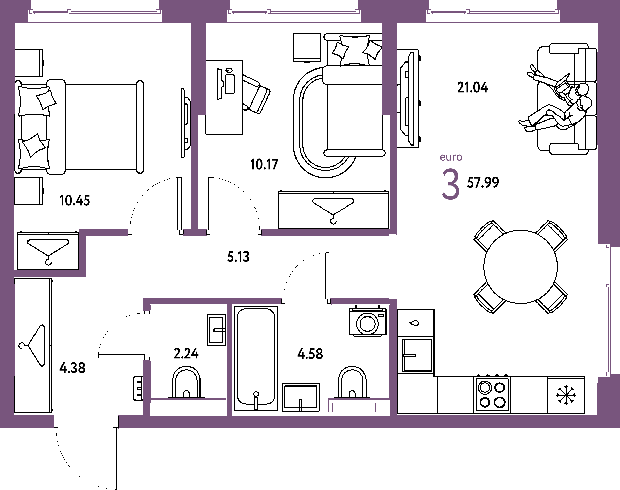 ЖК "Европейский берег 2.0"-3-комнатная 57.99 м²