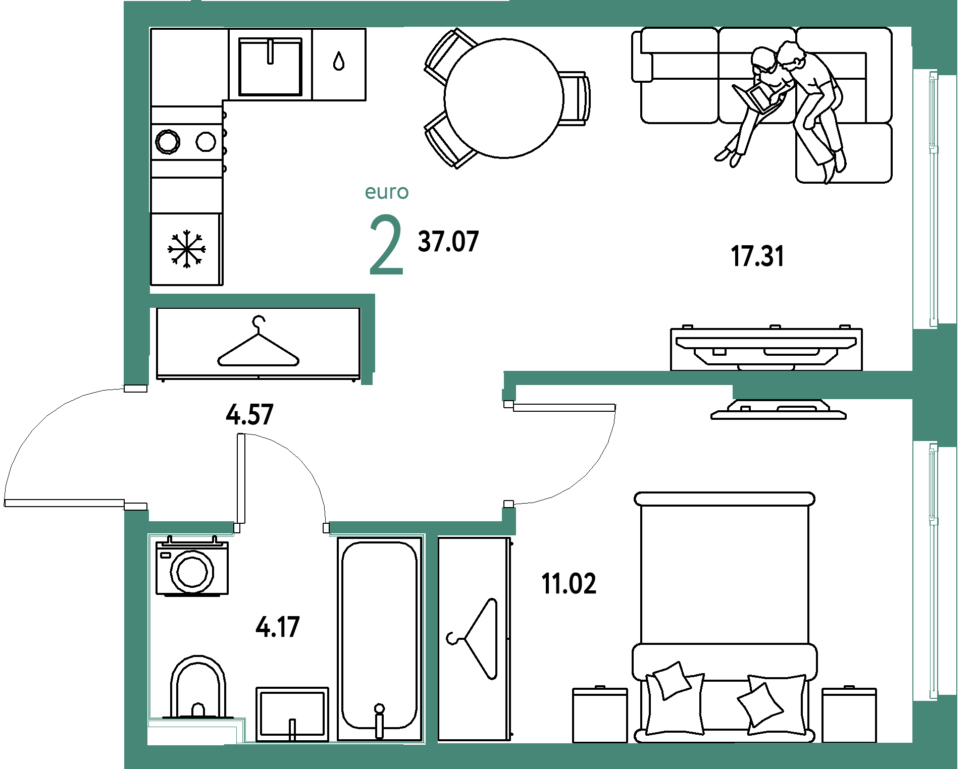 ЖК "Европейский берег 2.0"-2-комнатная 37.07 м²