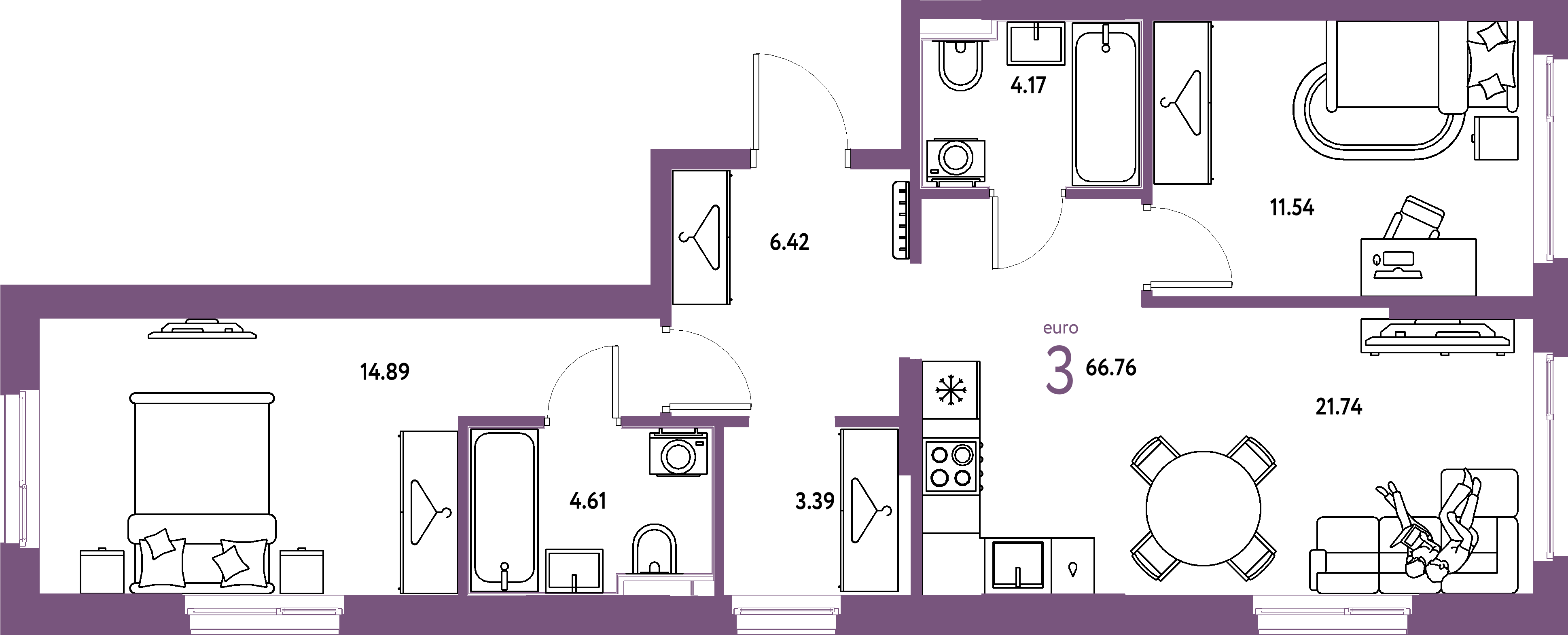 ЖК "Европейский берег 2.0"-3-комнатная 66.76 м²
