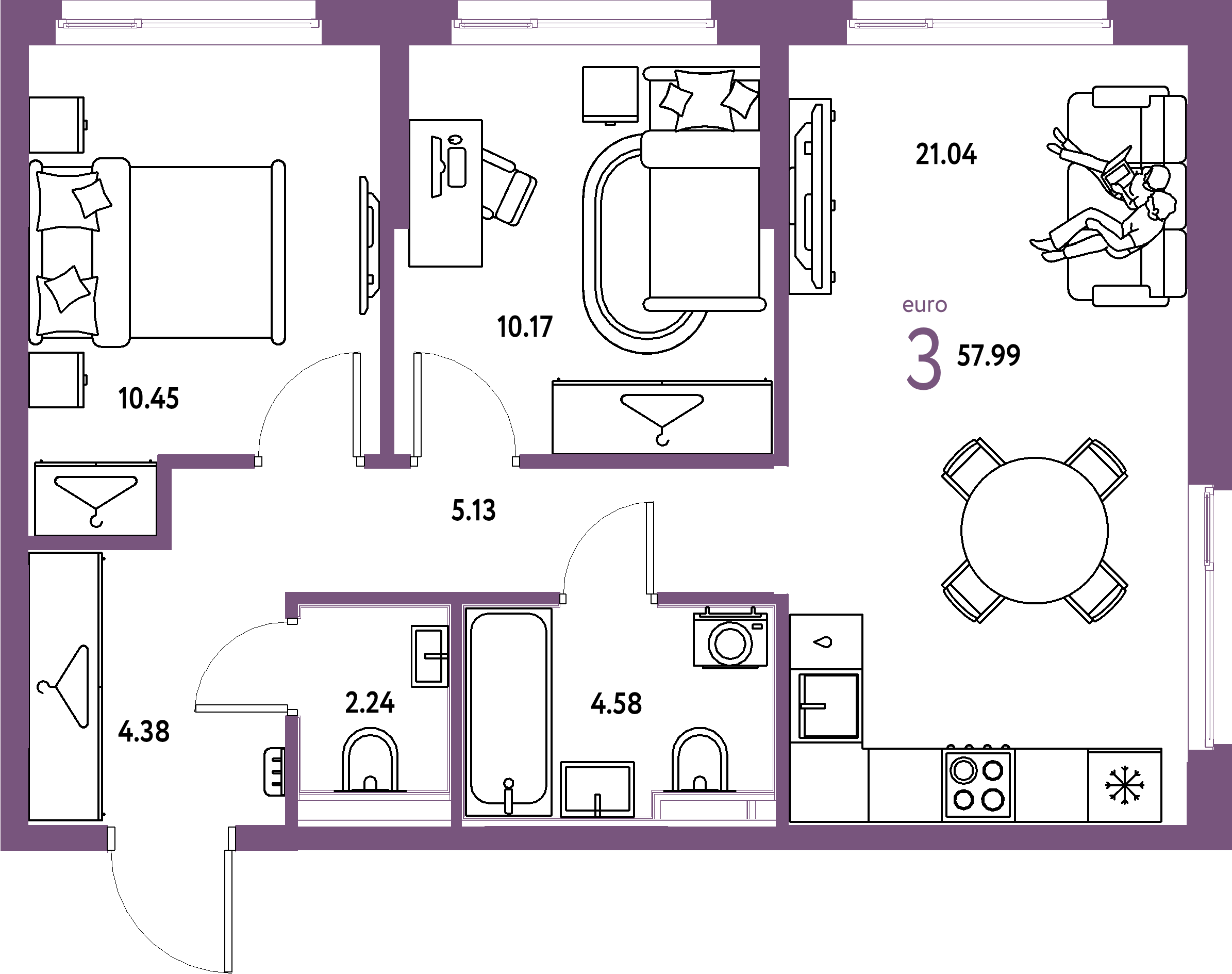 ЖК "Европейский берег 2.0"-3-комнатная 57.99 м²