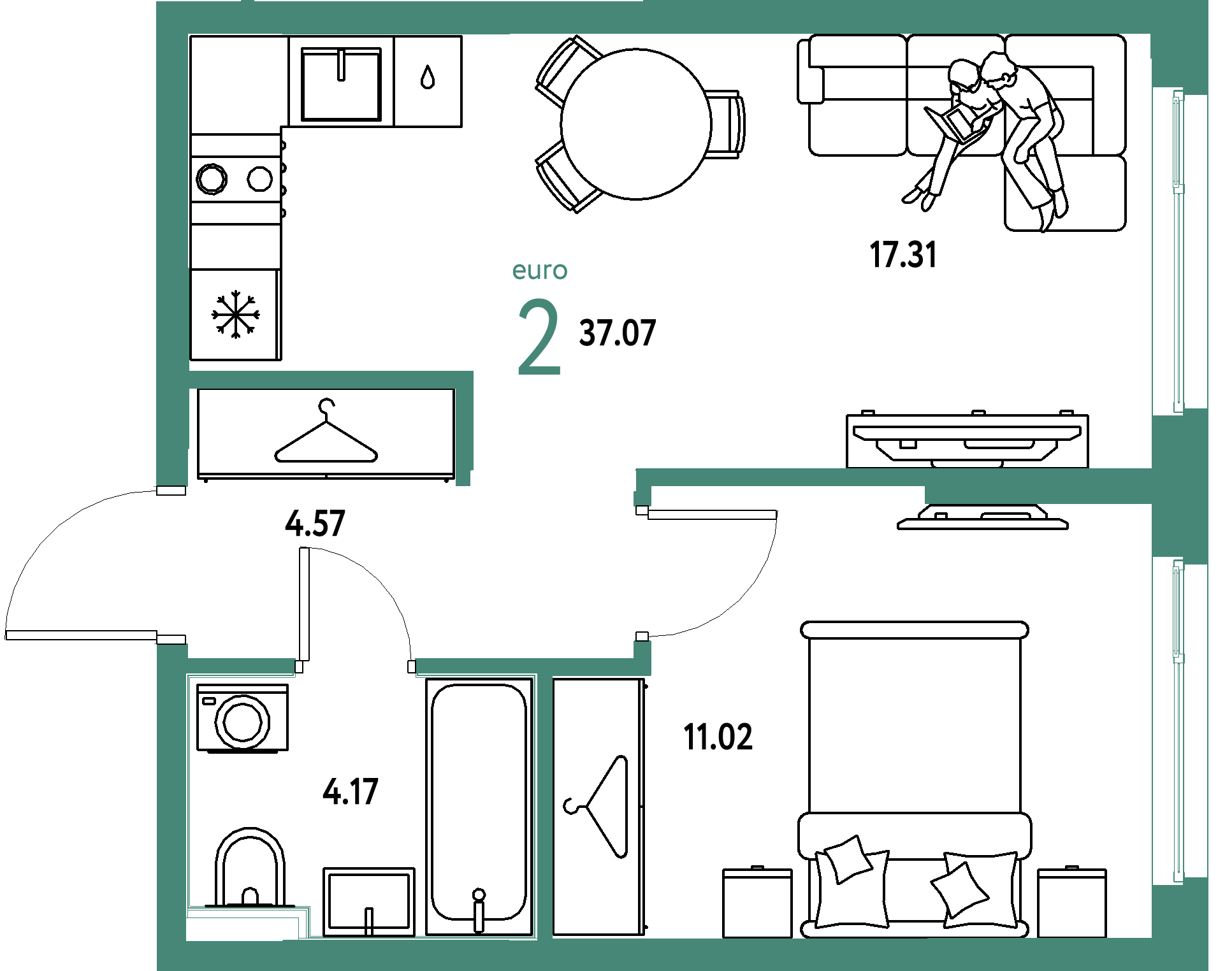 ЖК "Европейский берег 2.0"-2-комнатная 37.07 м²