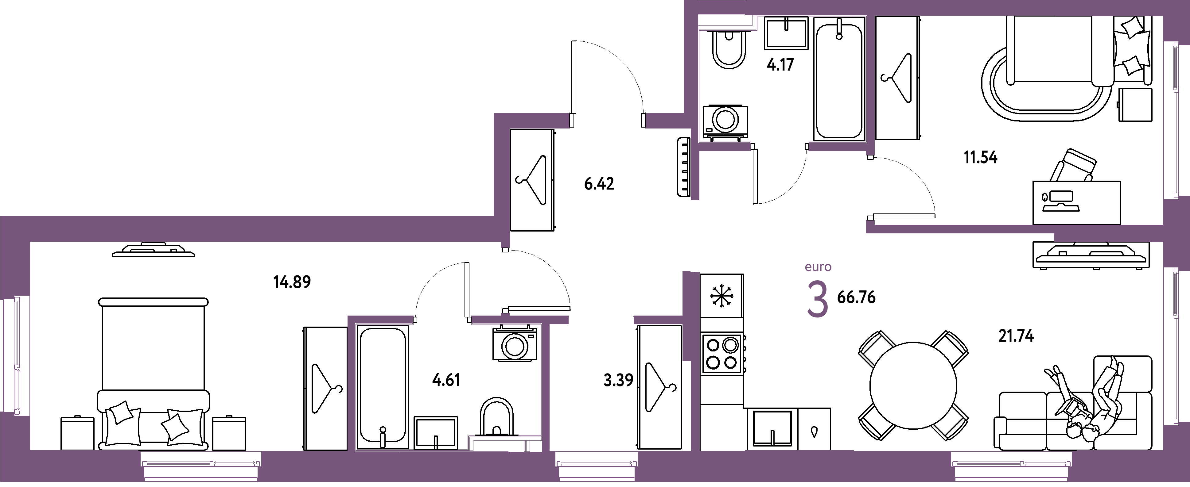 ЖК "Европейский берег 2.0"-3-комнатная 66.76 м²