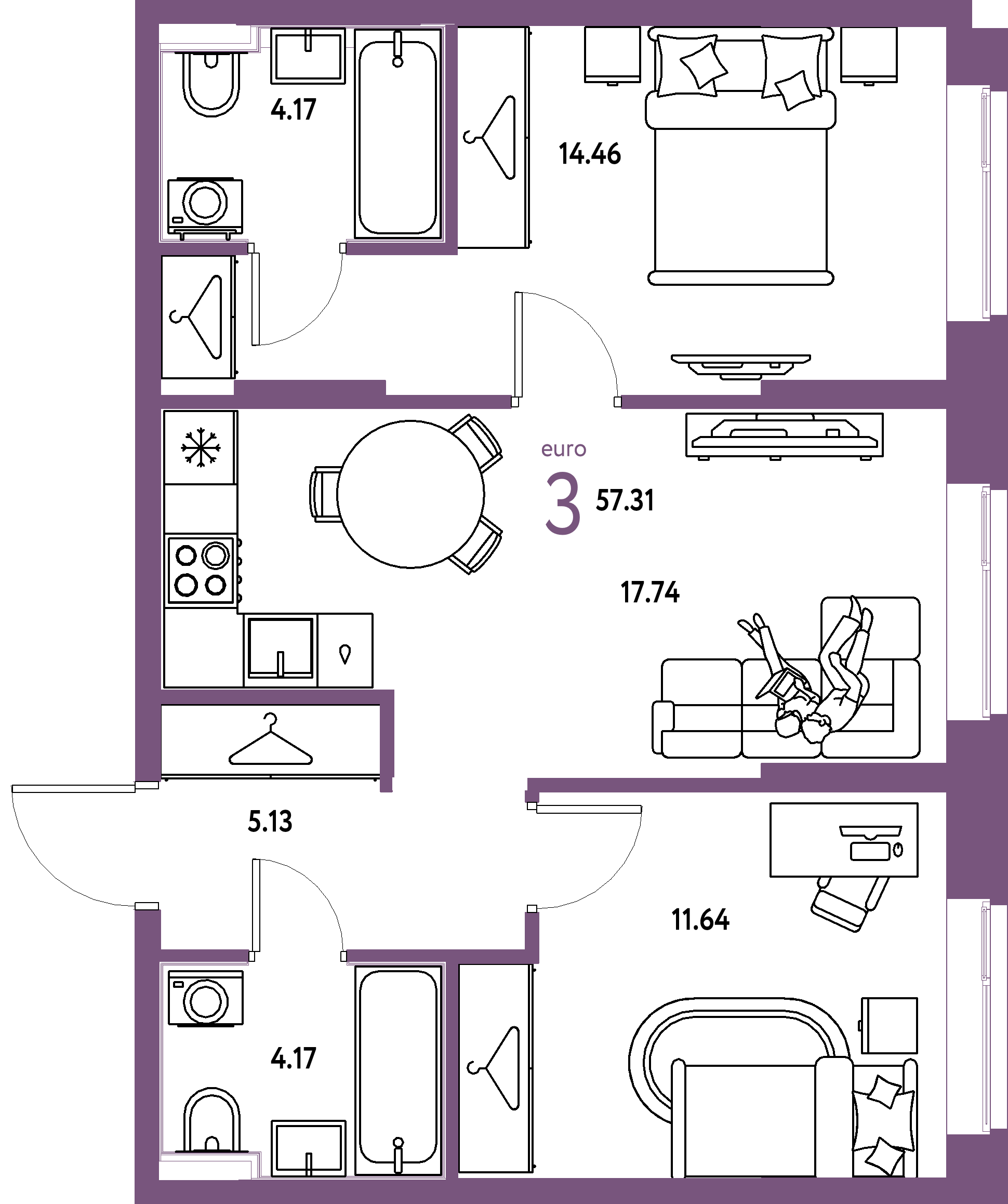 ЖК "Европейский берег 2.0"-3-комнатная 57.31 м²
