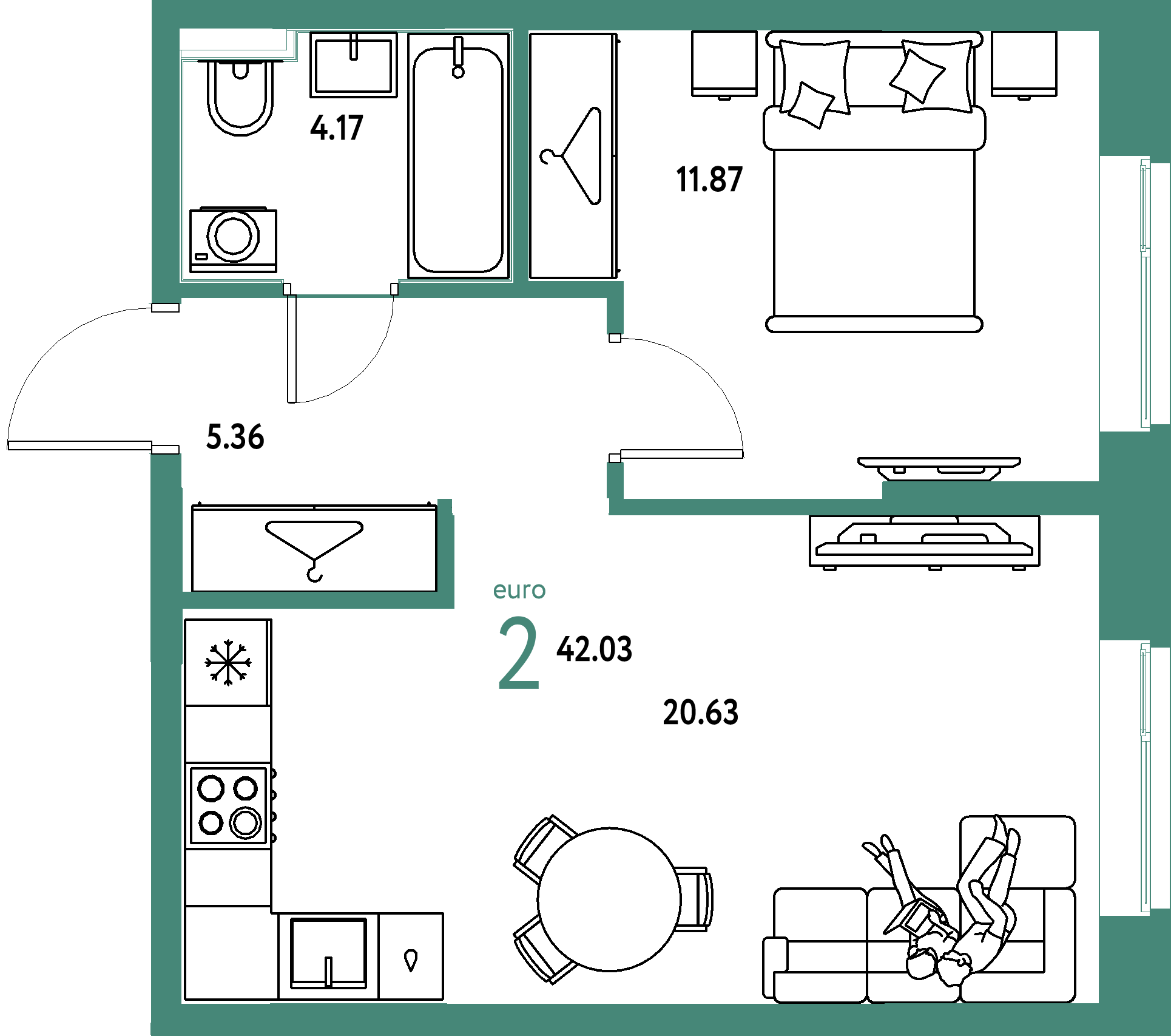 ЖК "Европейский берег 2.0"-2-комнатная 42.03 м²