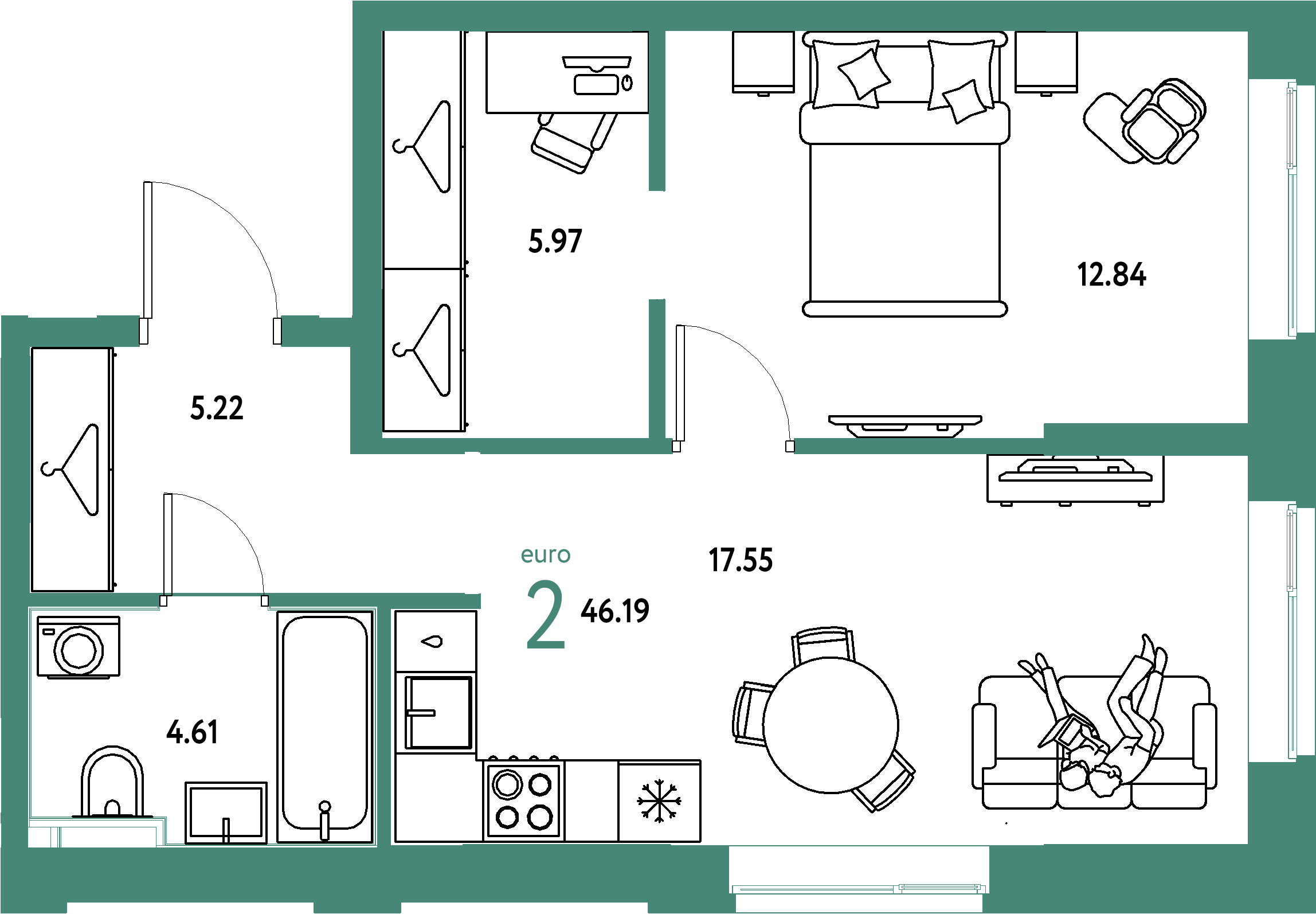 ЖК "Европейский берег 2.0"-2-комнатная 46.19 м²