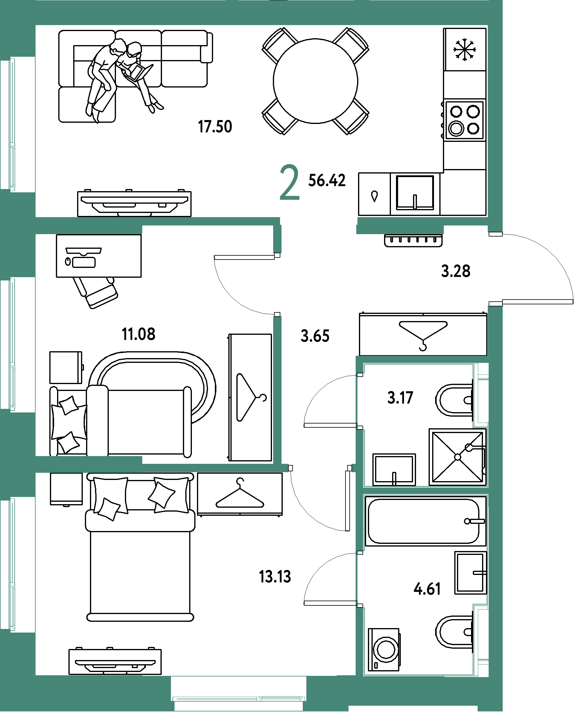 ЖК "Европейский берег 2.0"-2-комнатная 56.42 м²
