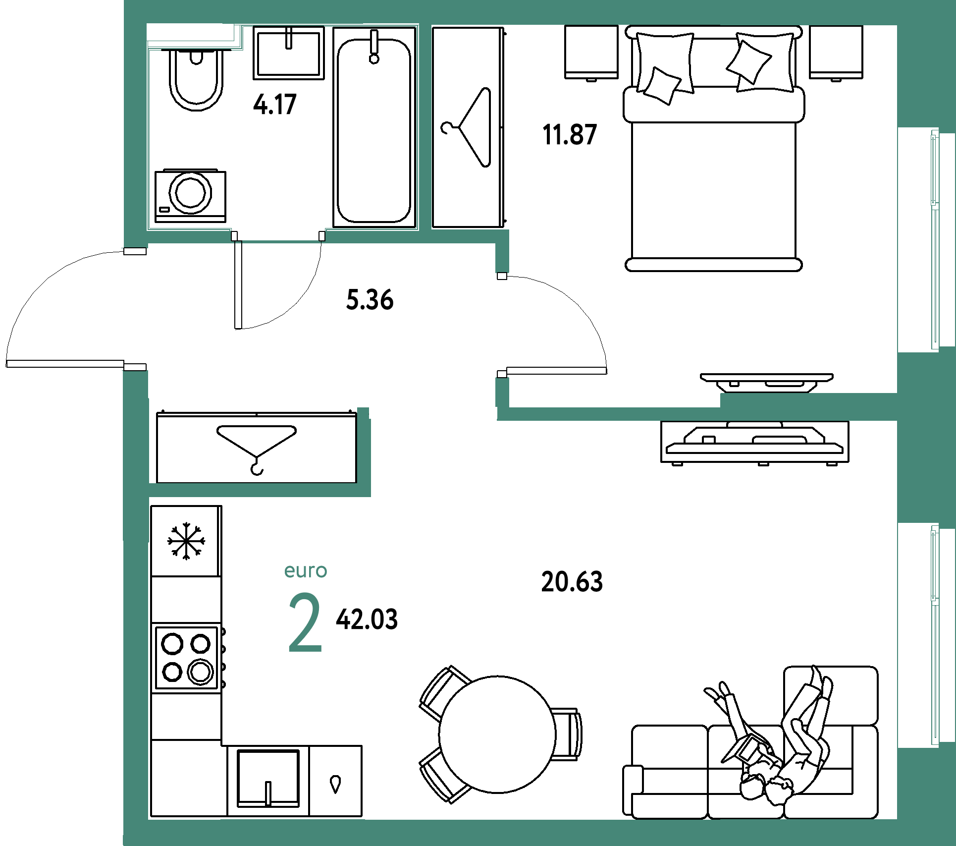 ЖК "Европейский берег 2.0"-2-комнатная 42.03 м²