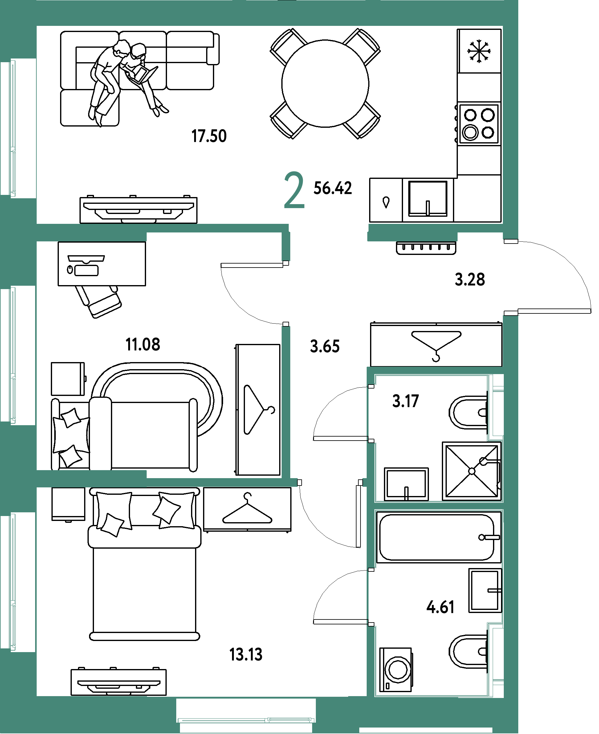 ЖК "Европейский берег 2.0"-2-комнатная 56.42 м²