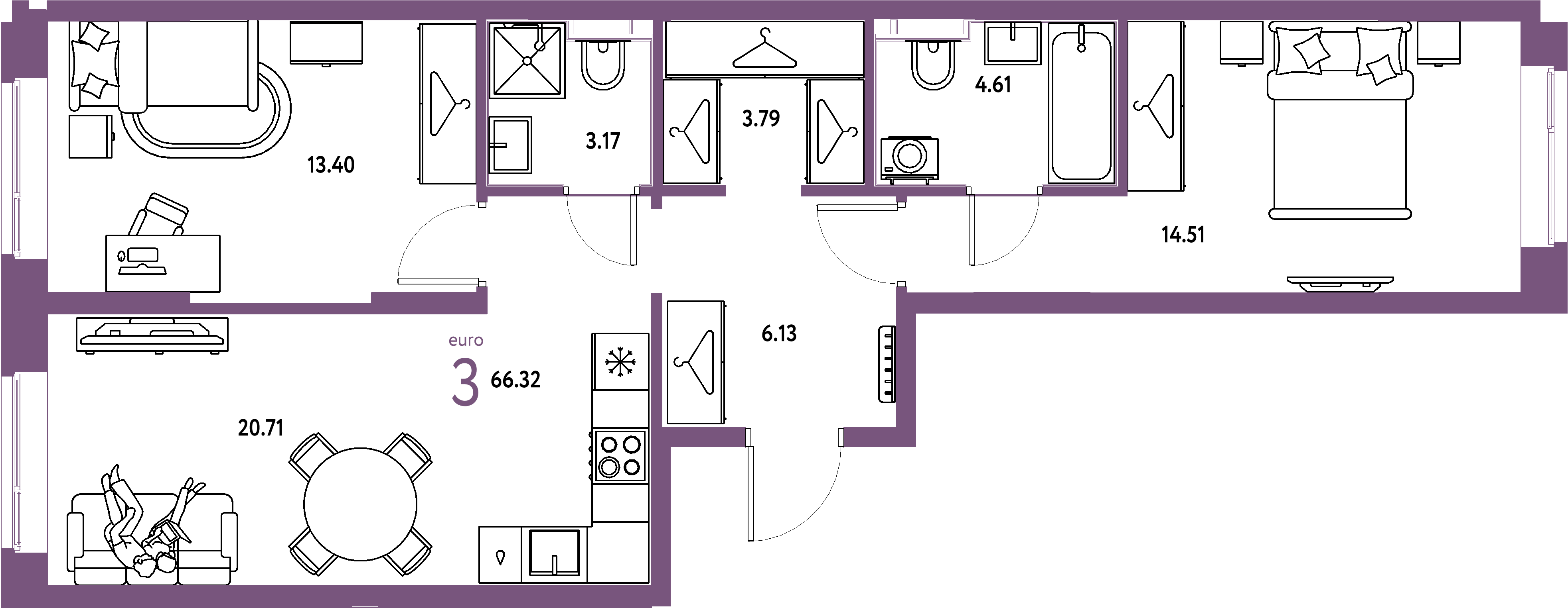 ЖК "Европейский берег 2.0"-3-комнатная 66.32 м²