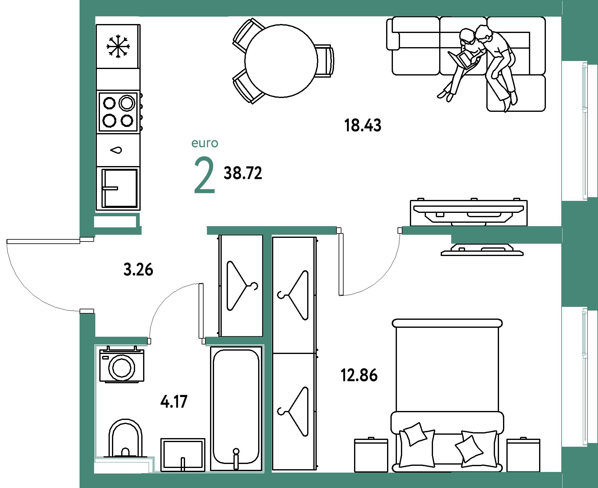ЖК "Европейский берег 2.0"-2-комнатная 38.72 м²