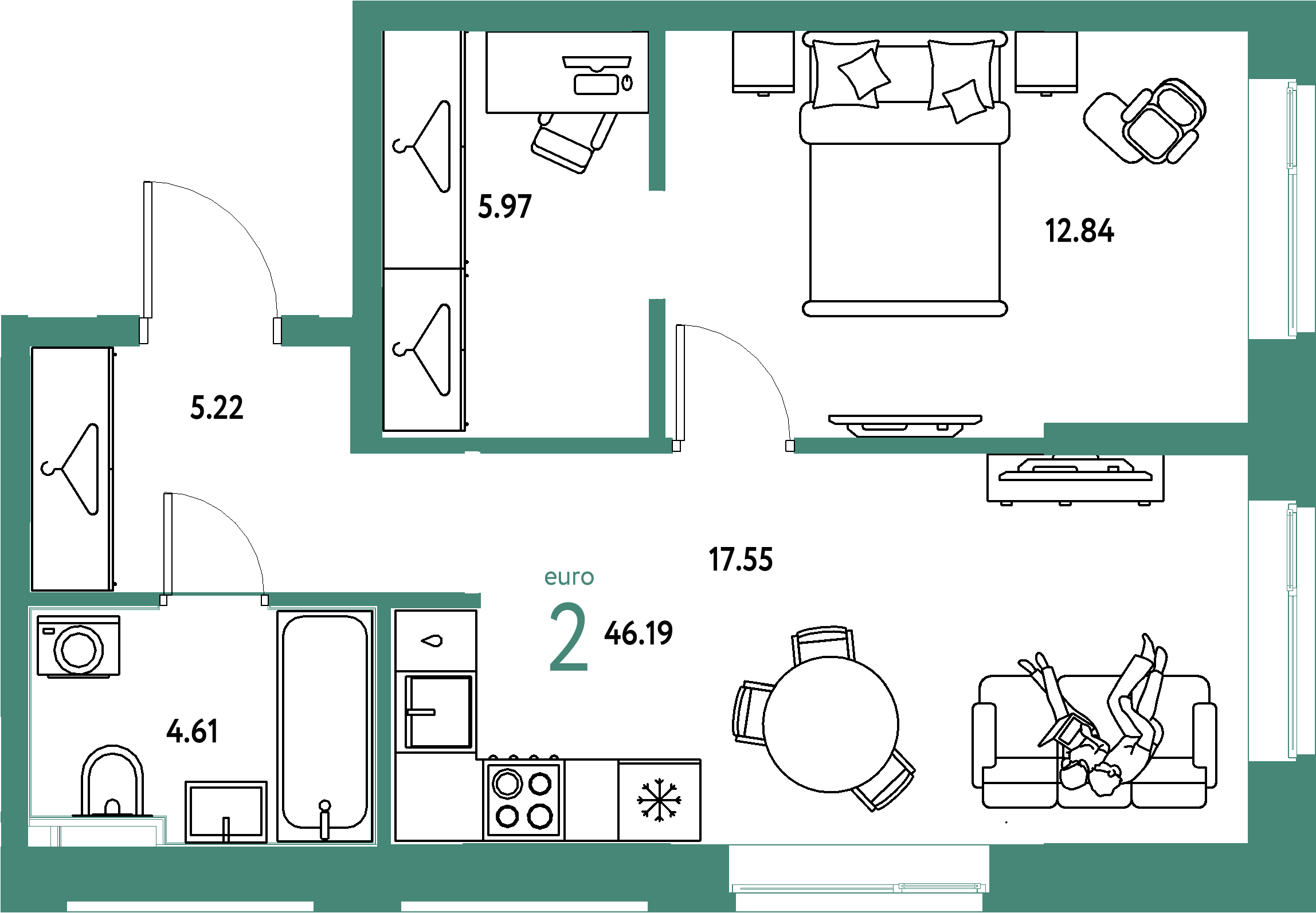 ЖК "Европейский берег 2.0"-2-комнатная 46.19 м²