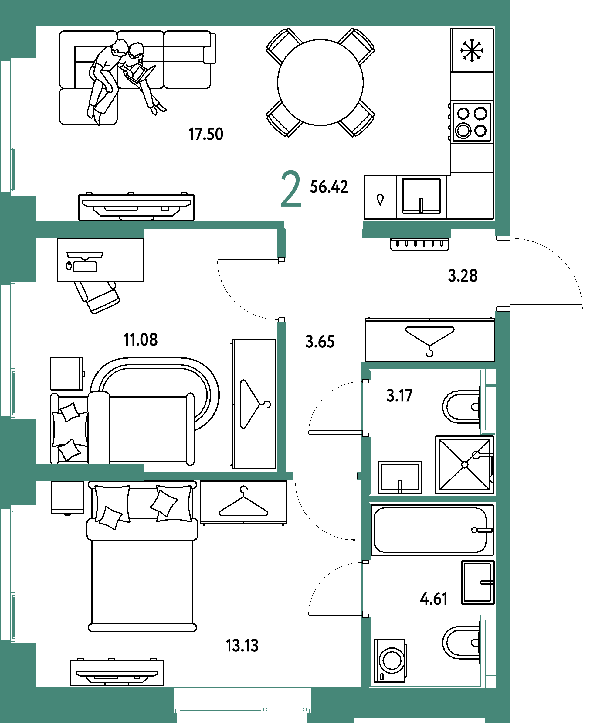 ЖК "Европейский берег 2.0"-2-комнатная 56.42 м²