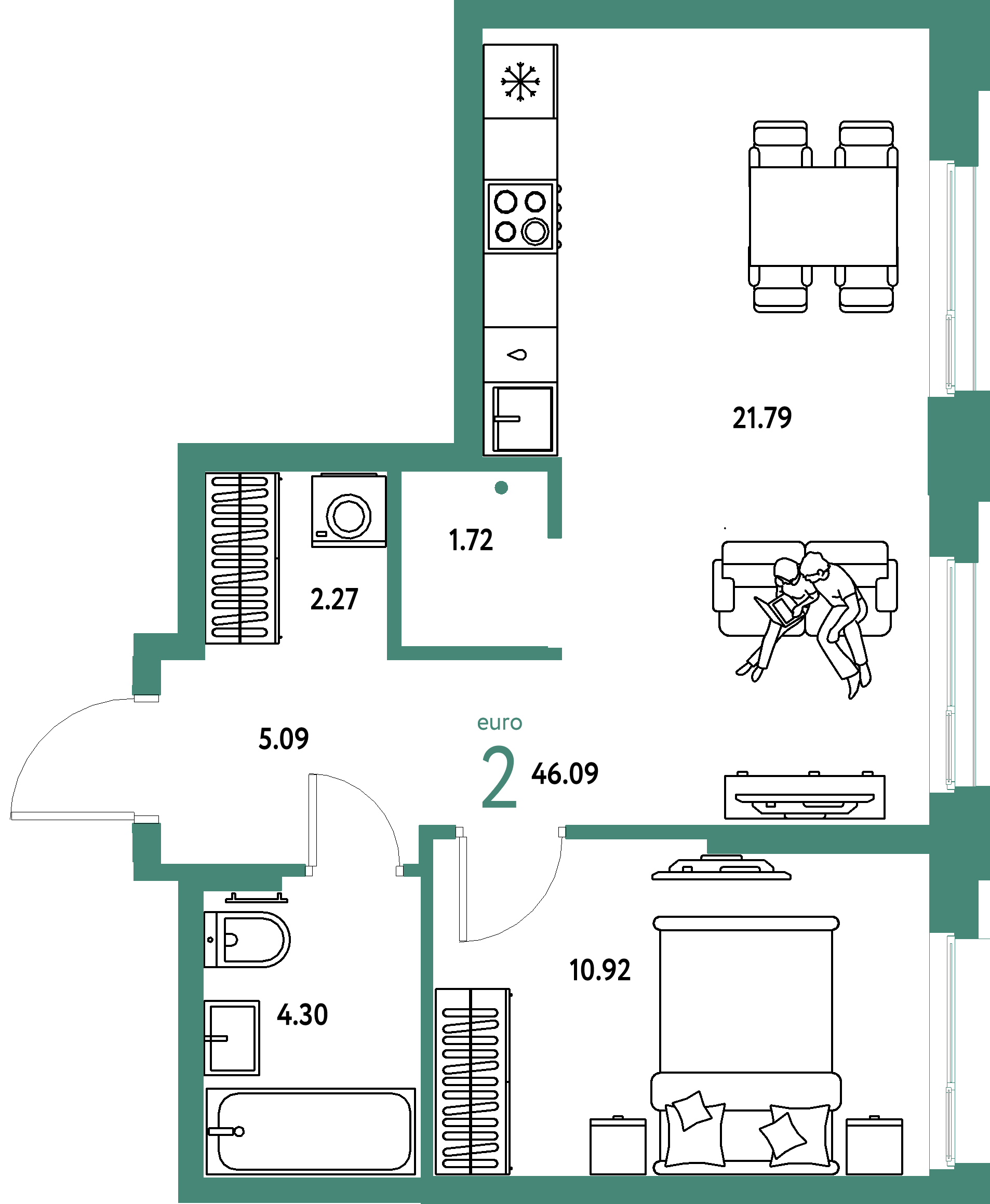 ЖК "Европейский берег 2.0"-2-комнатная 46.09 м²
