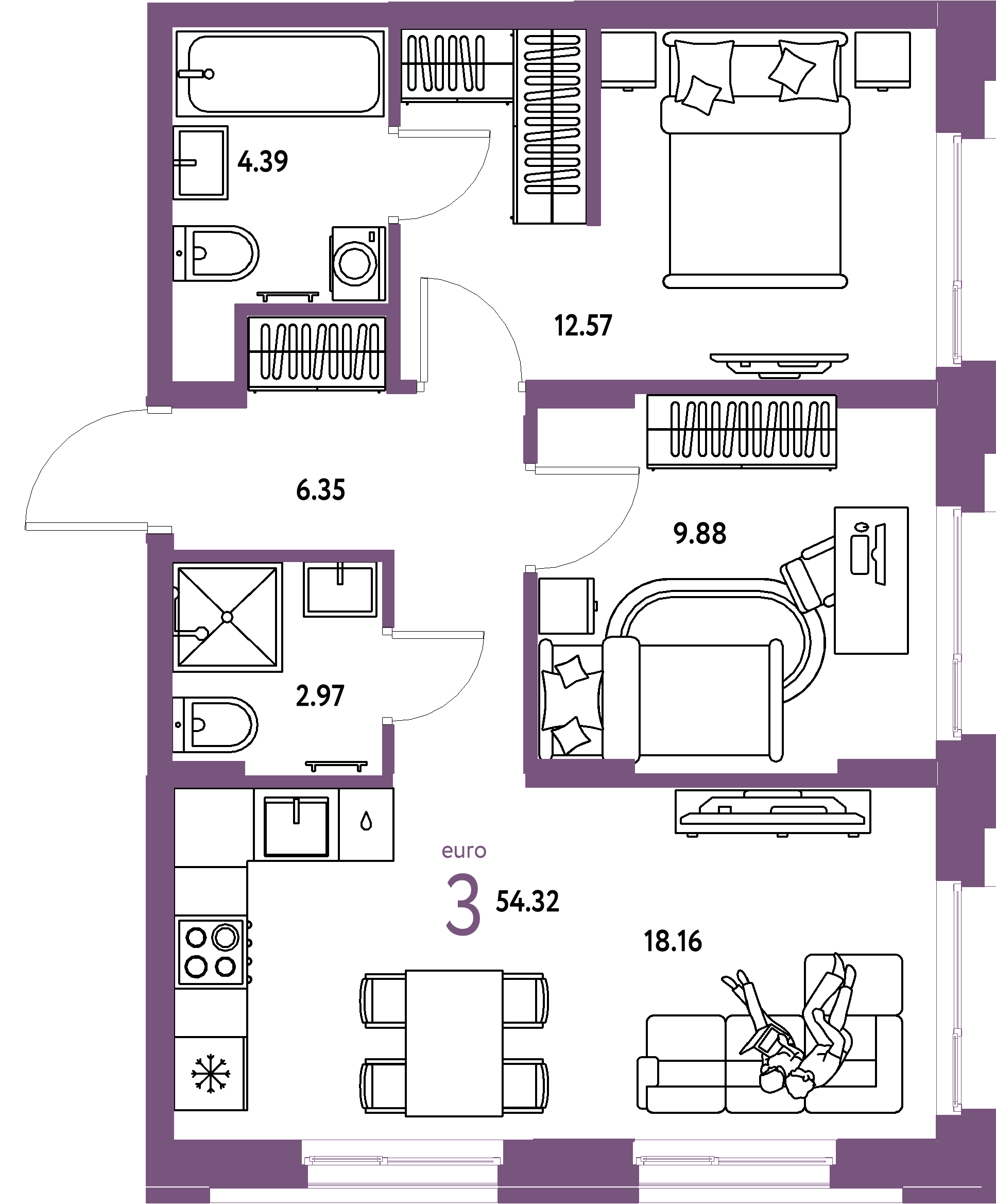 ЖК "Европейский берег 2.0"-3-комнатная 54.32 м²