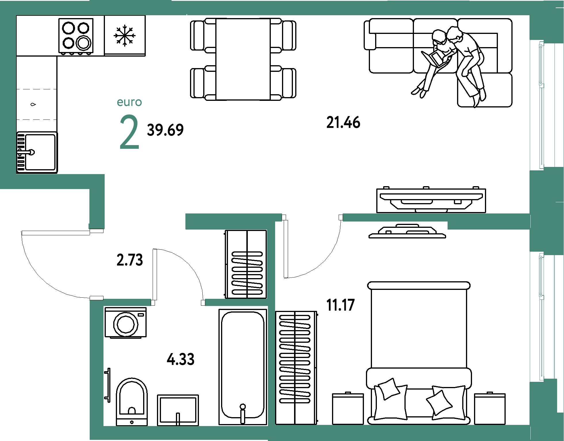 ЖК "Европейский берег 2.0"-2-комнатная 39.69 м²