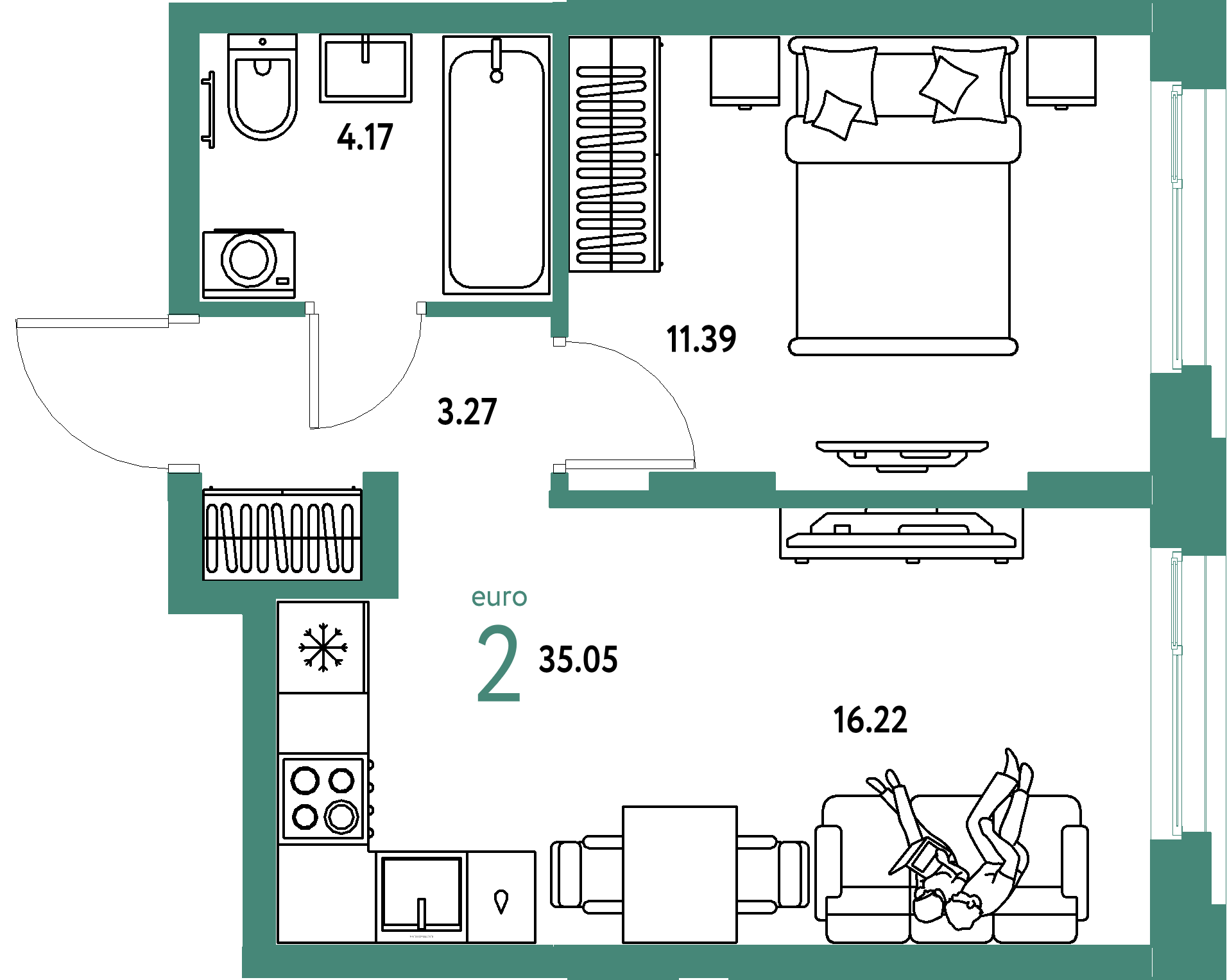 ЖК "Европейский берег 2.0"-2-комнатная 35.05 м²