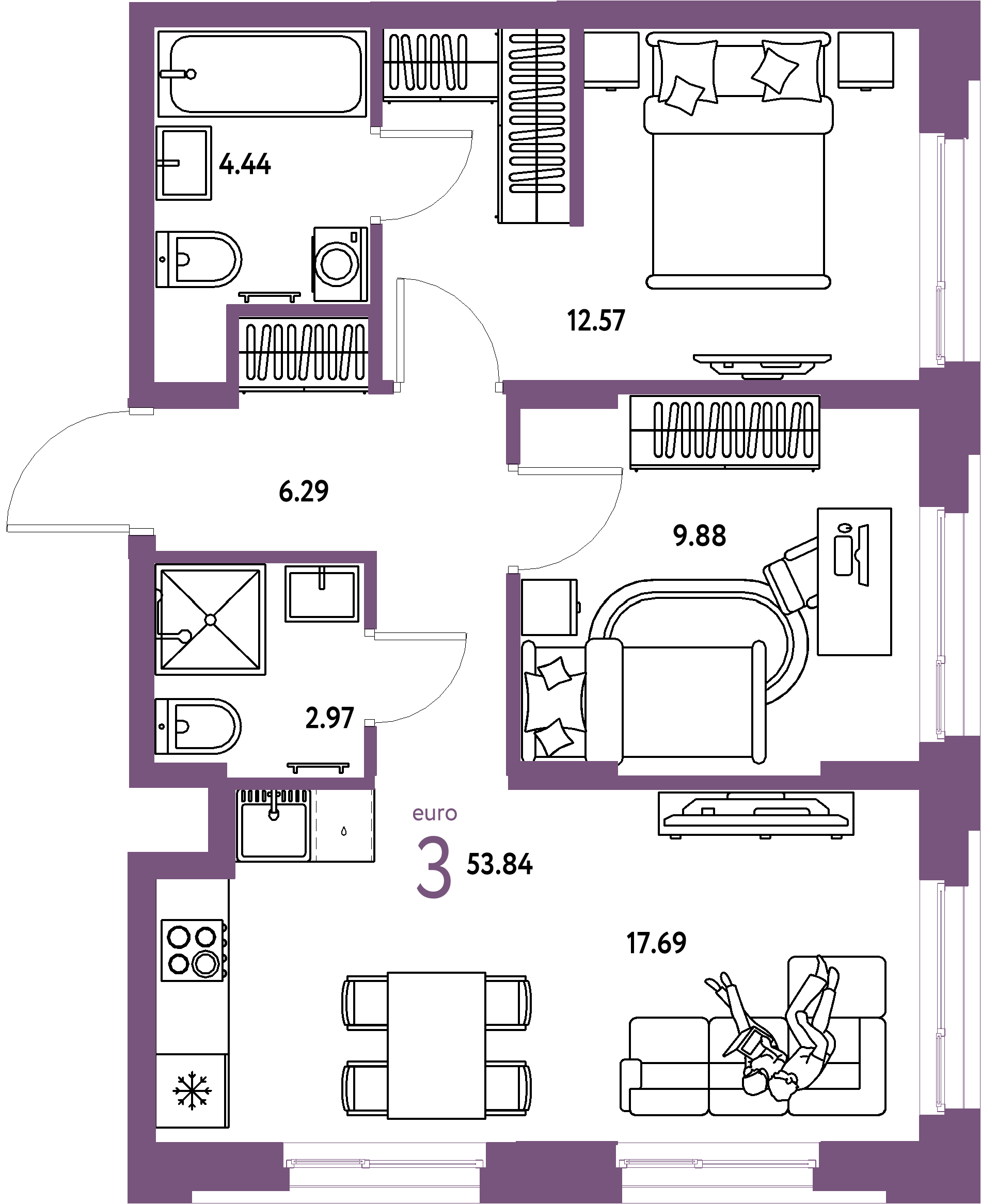 ЖК "Европейский берег 2.0"-3-комнатная 53.84 м²