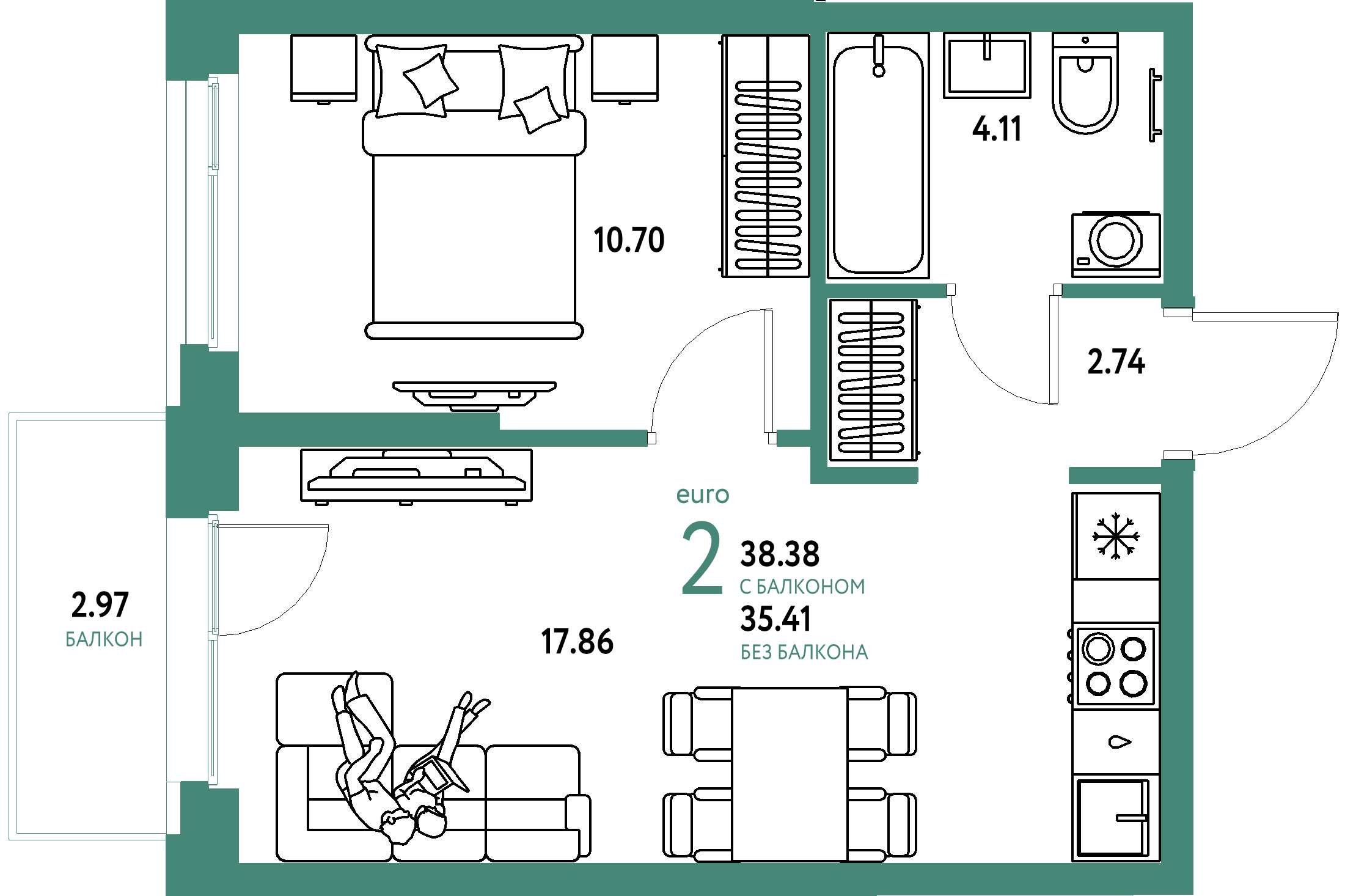 ЖК "Европейский берег 2.0"-2-комнатная 38.38 м²