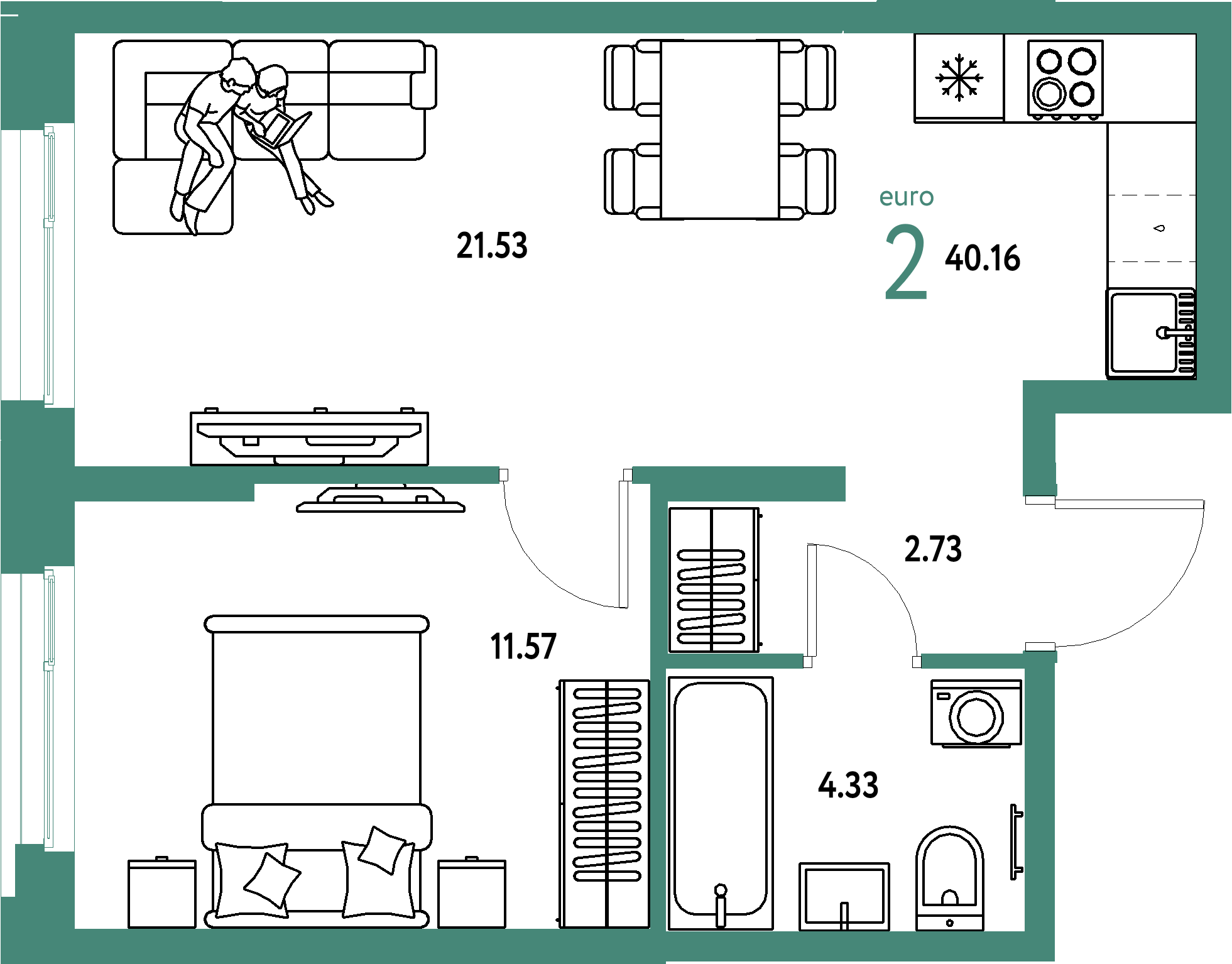ЖК "Европейский берег 2.0"-2-комнатная 40.16 м²