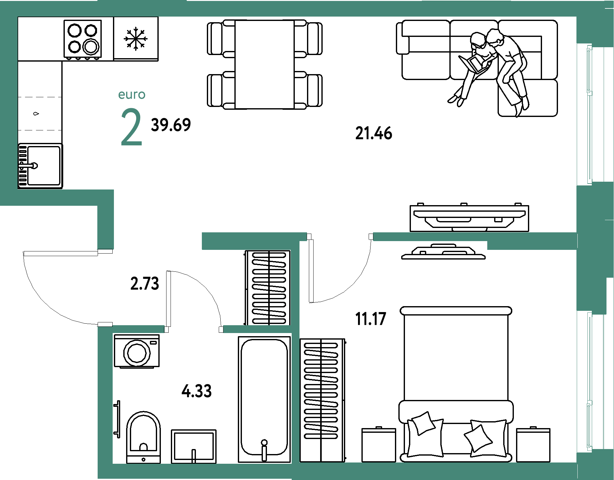 ЖК "Европейский берег 2.0"-2-комнатная 39.69 м²