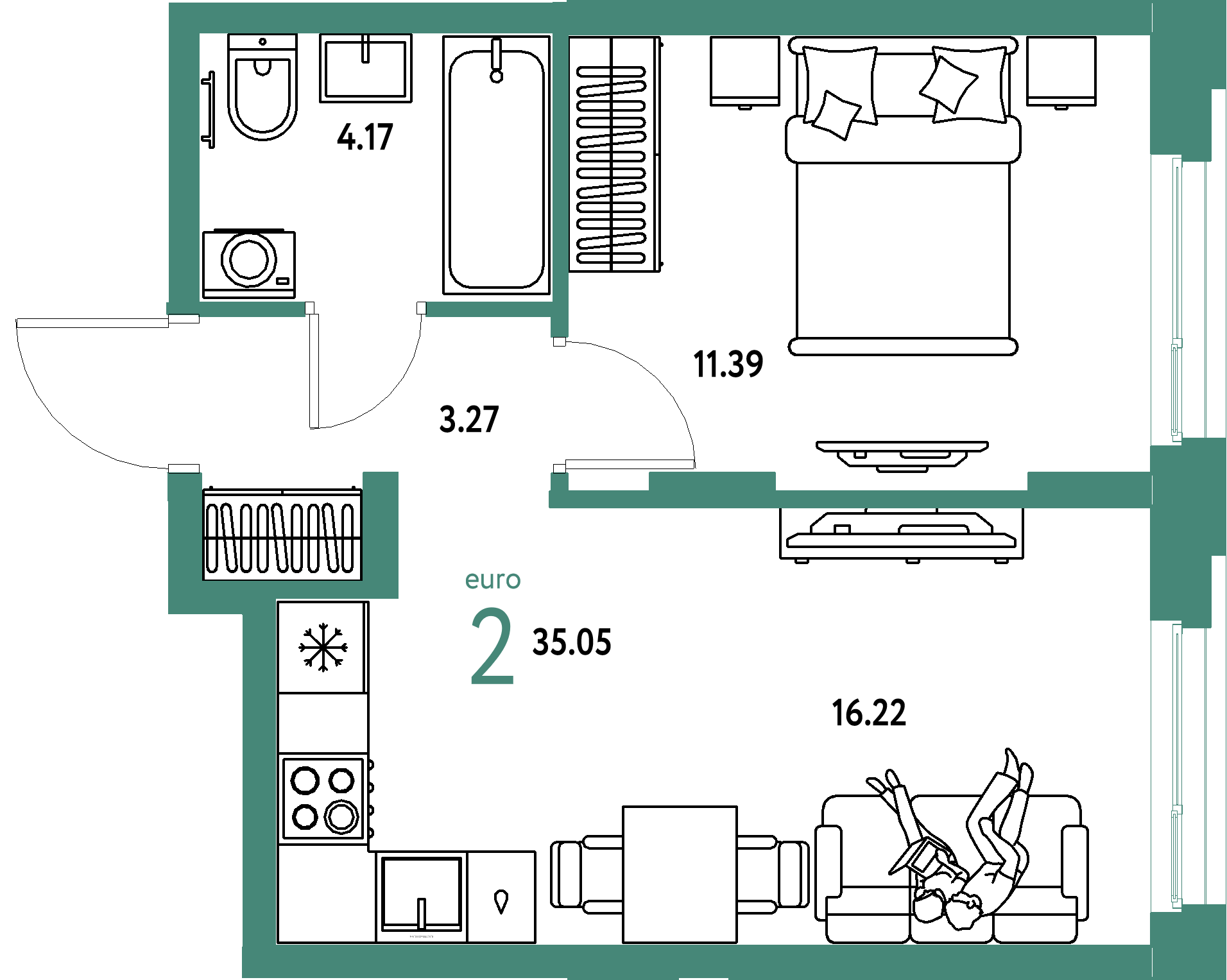 ЖК "Европейский берег 2.0"-2-комнатная 35.05 м²