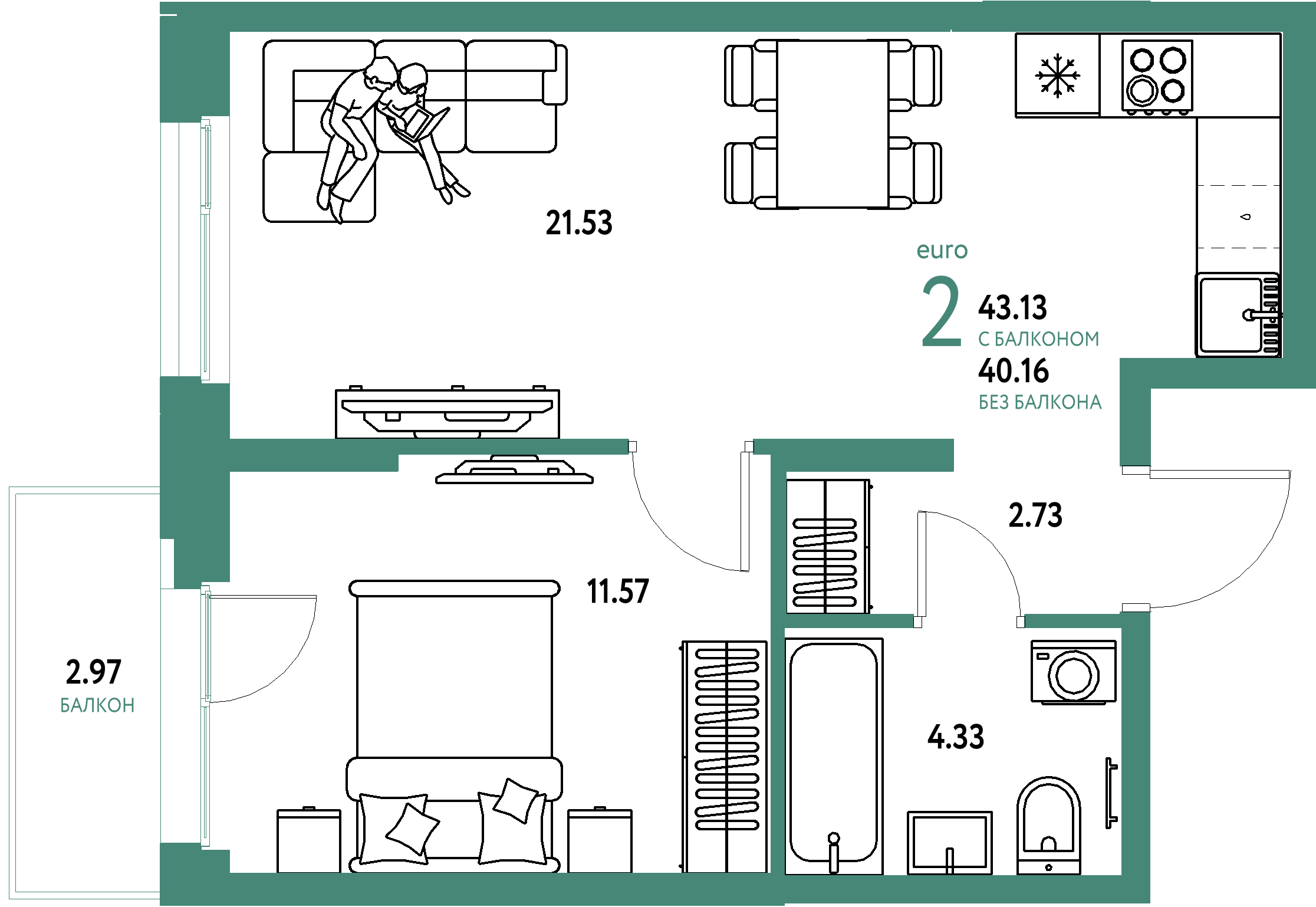 ЖК "Европейский берег 2.0"-2-комнатная 43.13 м²