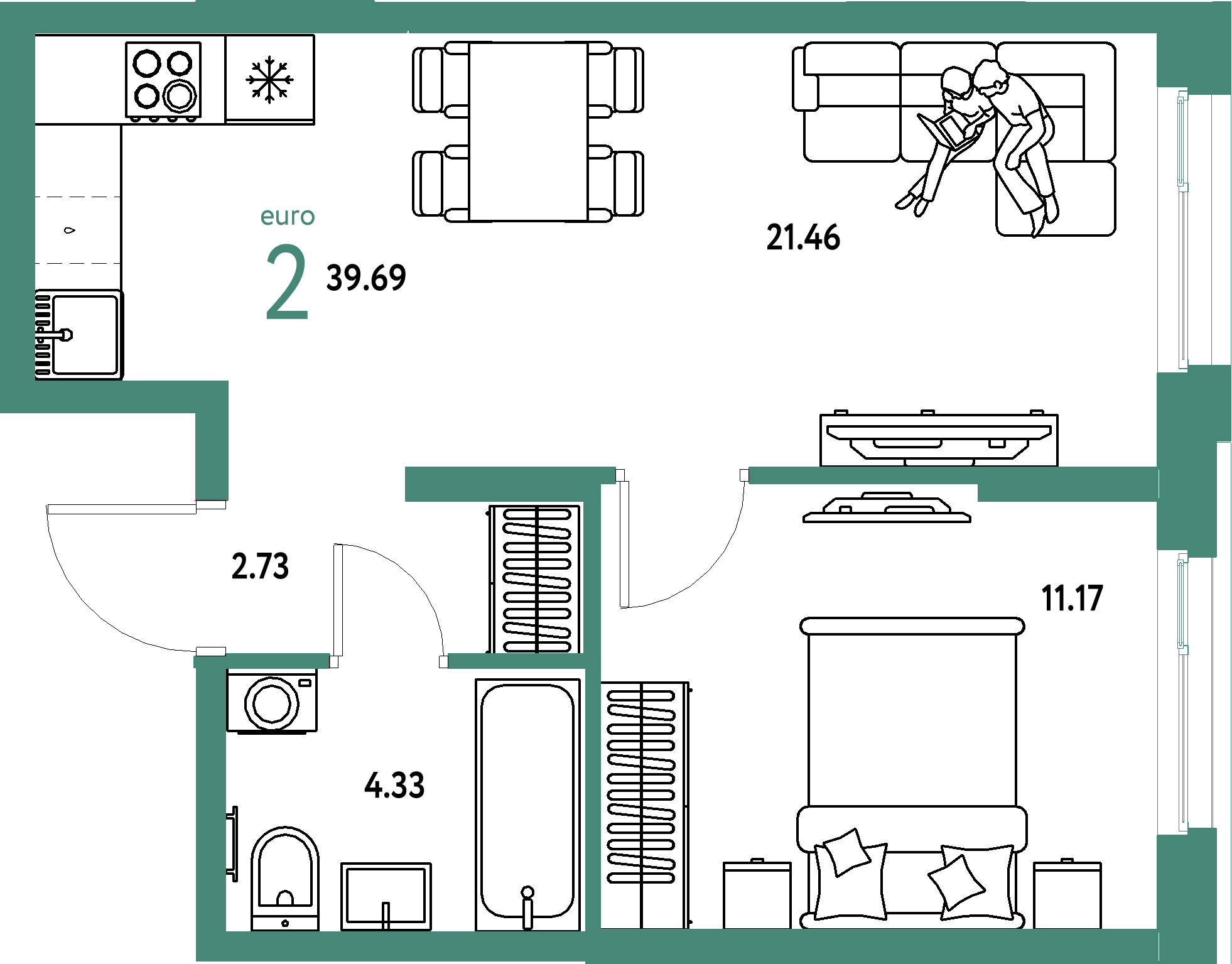 ЖК "Европейский берег 2.0"-2-комнатная 39.69 м²