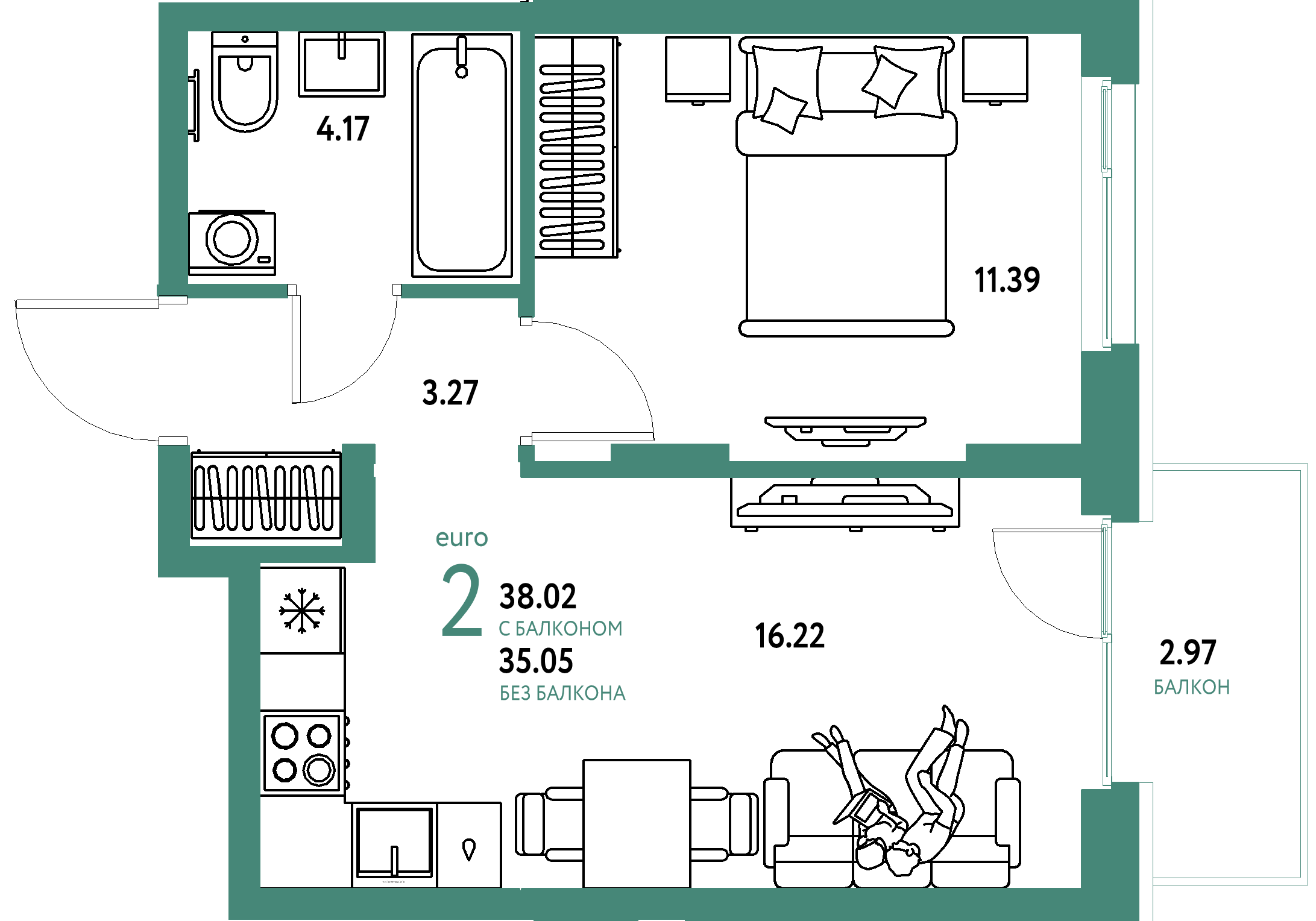 ЖК "Европейский берег 2.0"-2-комнатная 38.02 м²