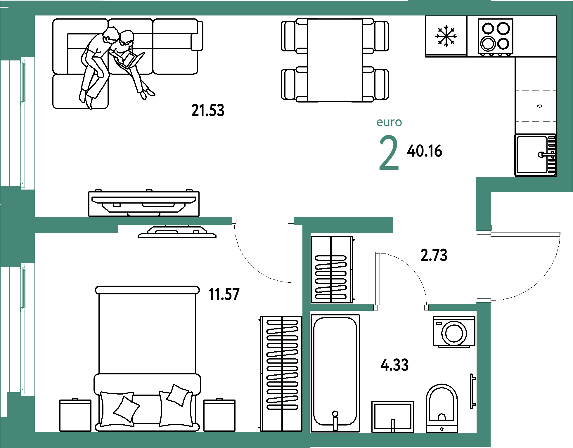 ЖК "Европейский берег 2.0"-2-комнатная 40.16 м²