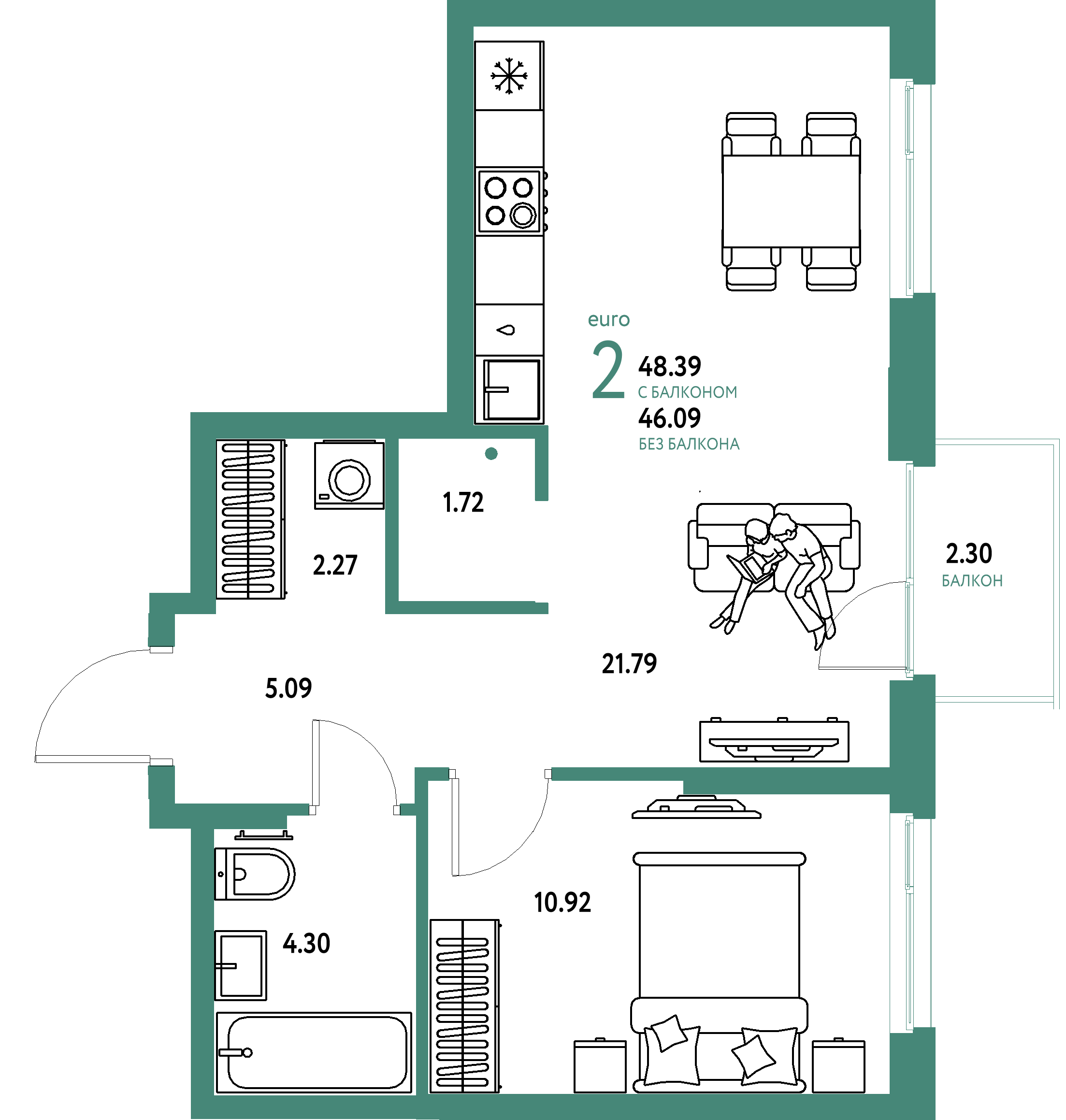 ЖК "Европейский берег 2.0"-2-комнатная 48.39 м²