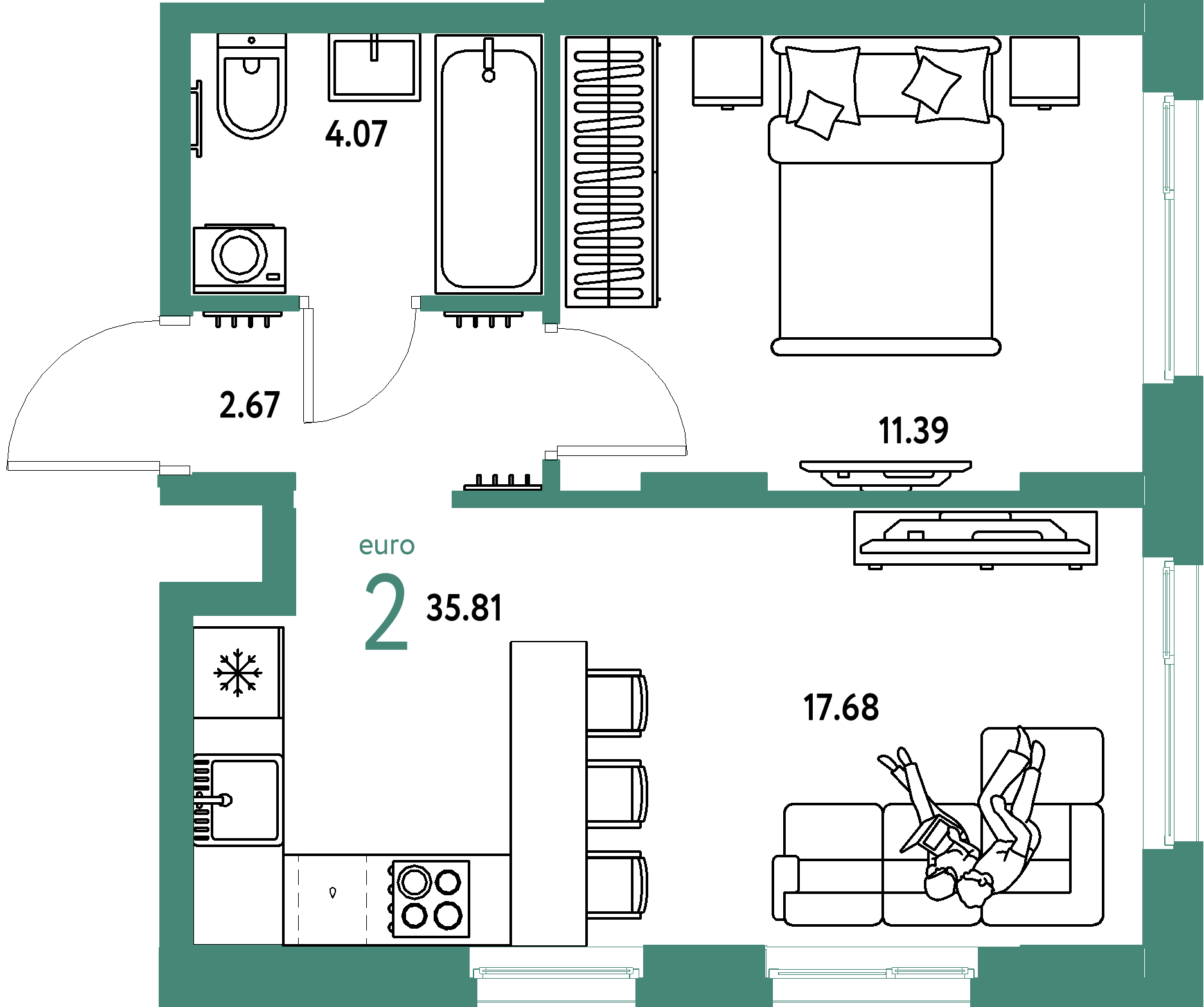 ЖК "Европейский берег 2.0"-2-комнатная 35.81 м²