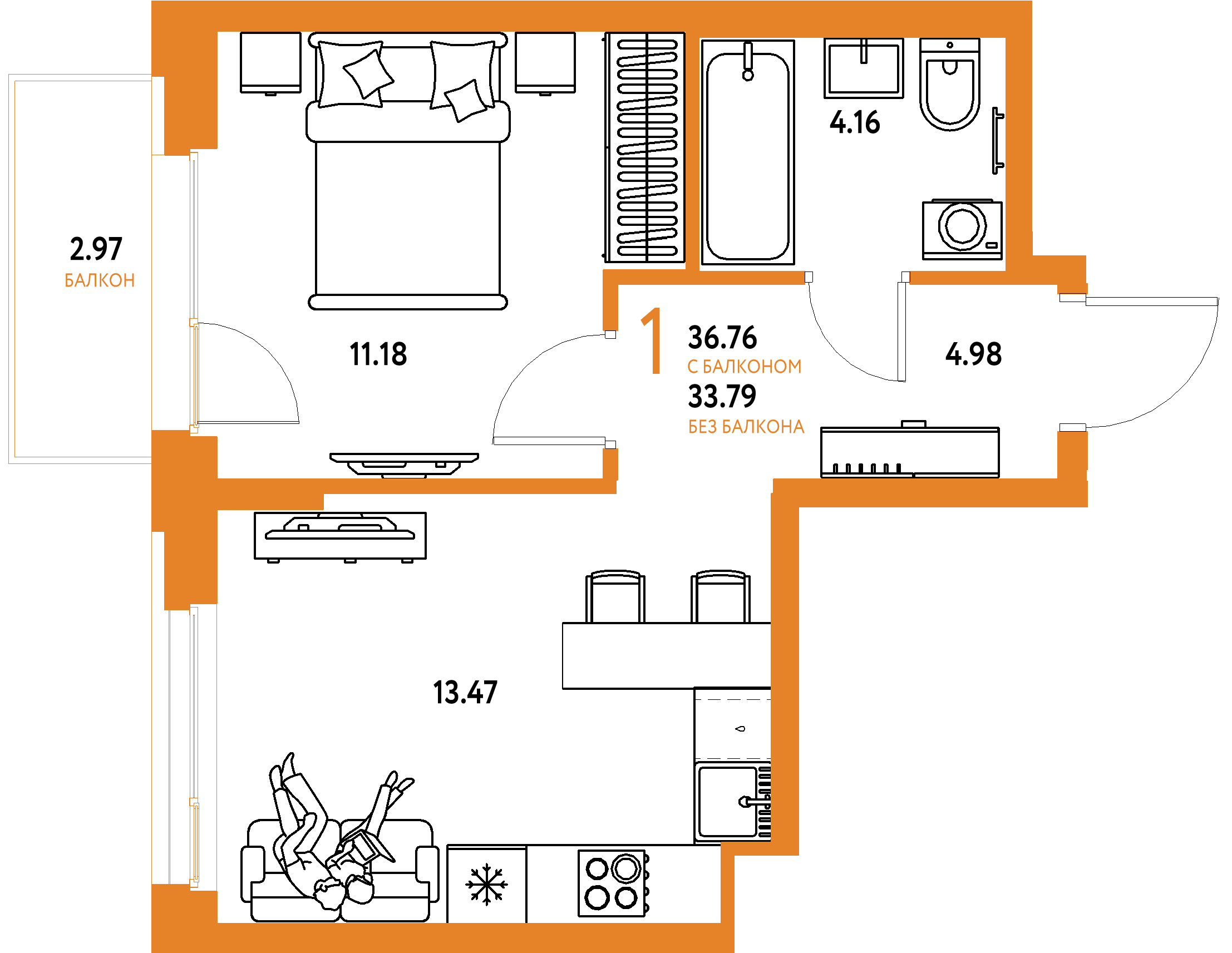 ЖК "Европейский берег 2.0"-1-комнатная 36.76 м²