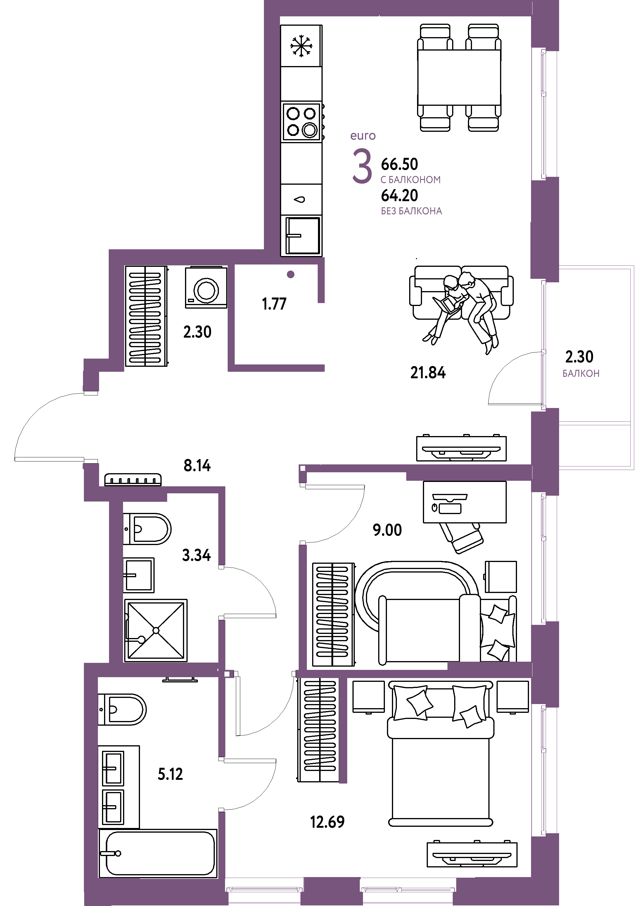 ЖК "Европейский берег 2.0"-3-комнатная 66.5 м²