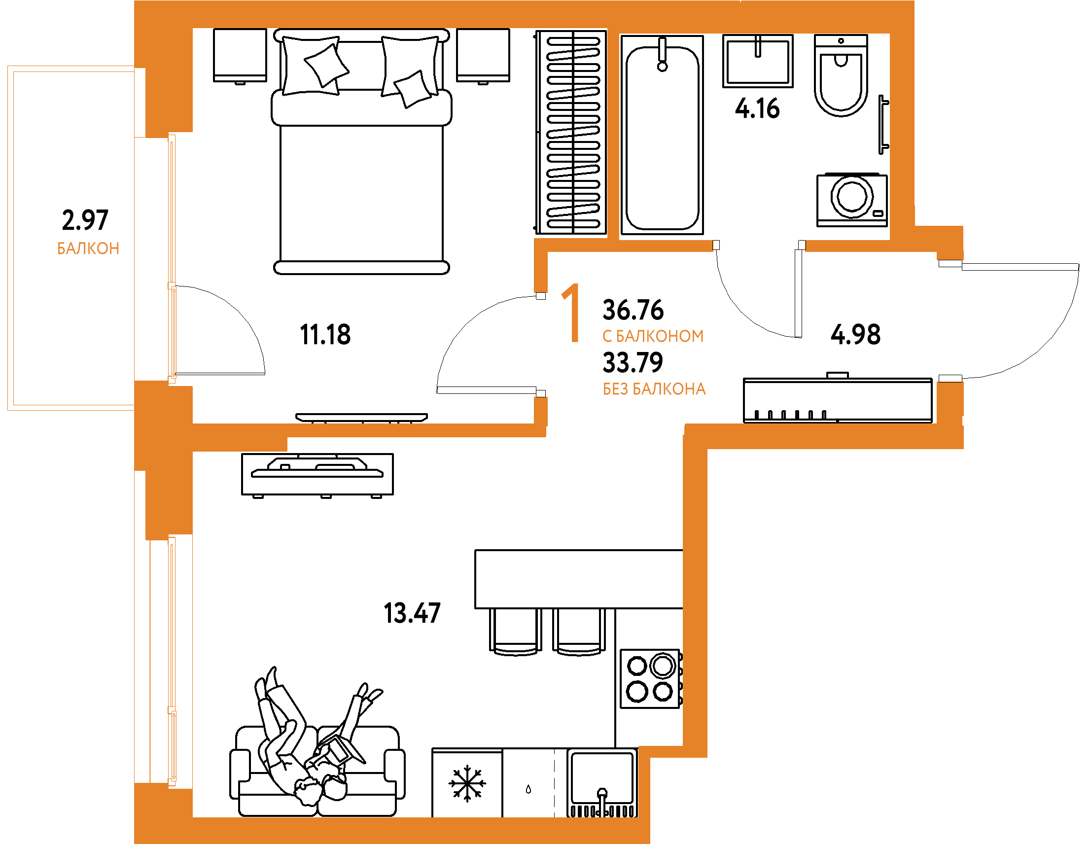 ЖК "Европейский берег 2.0"-1-комнатная 36.76 м²