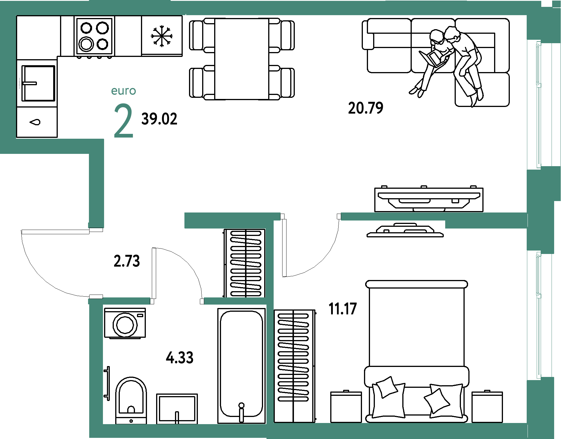 ЖК "Европейский берег 2.0"-2-комнатная 39.02 м²
