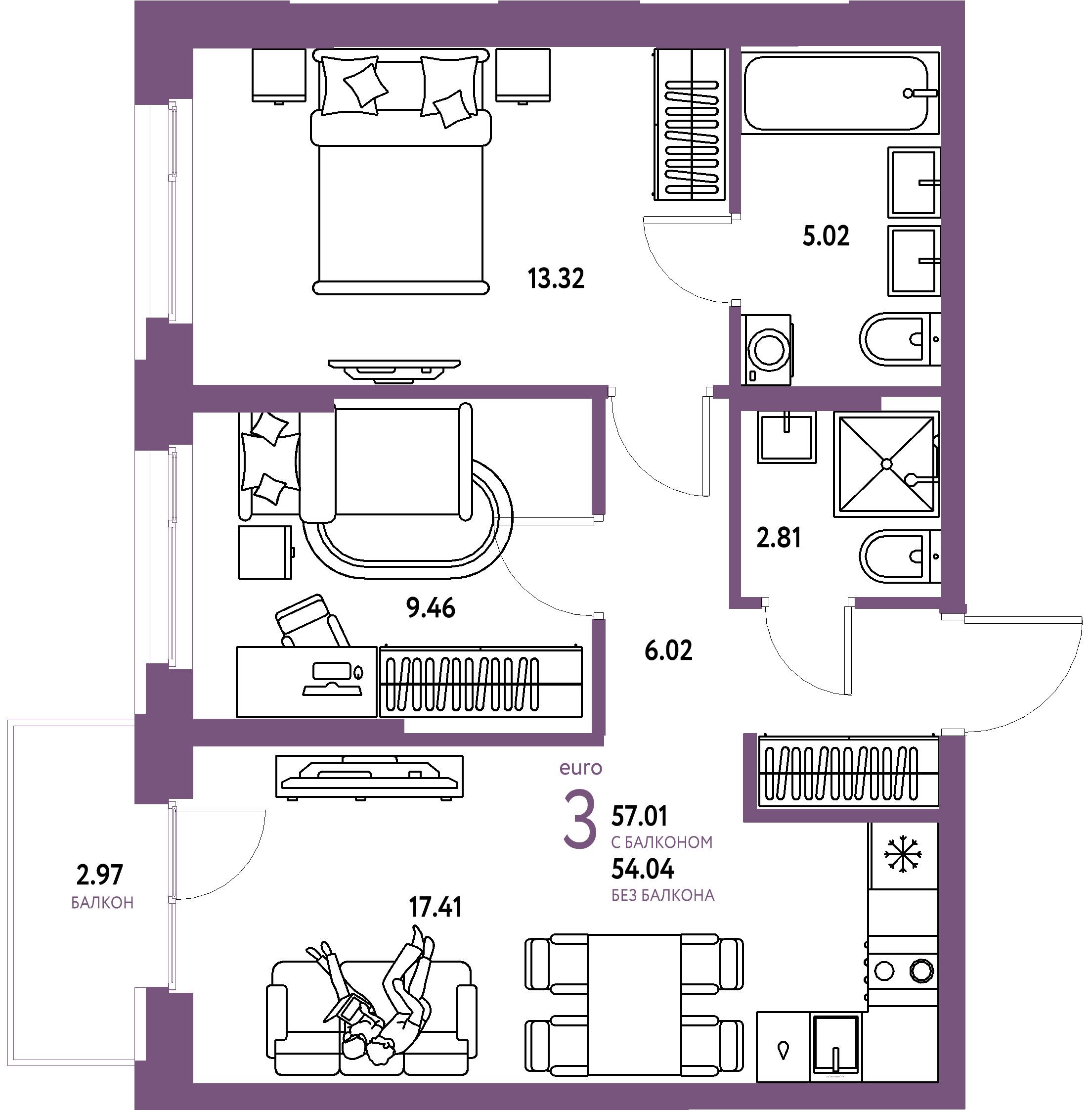 ЖК "Европейский берег 2.0"-3-комнатная 57.01 м²