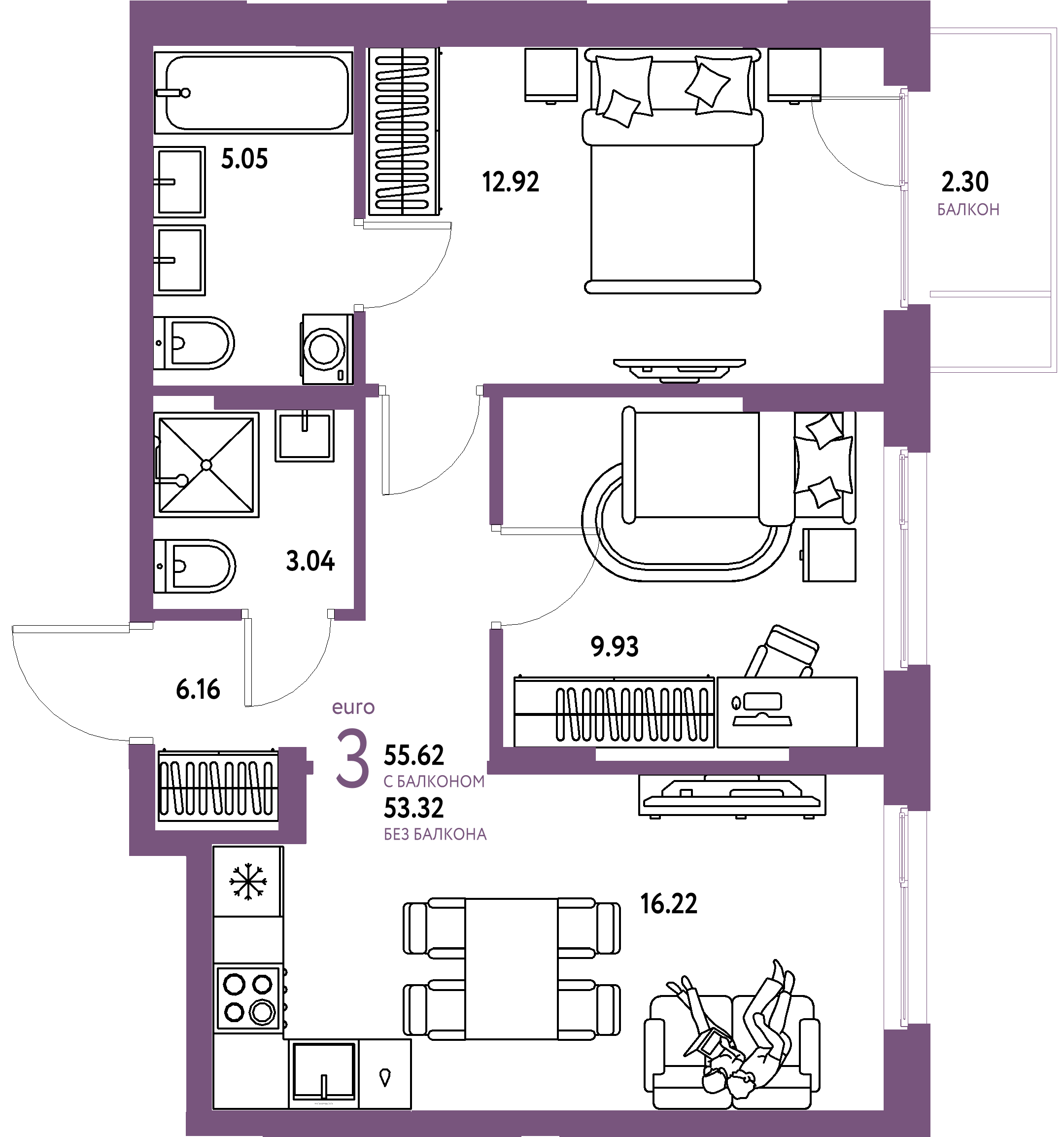 ЖК "Европейский берег 2.0"-3-комнатная 55.62 м²