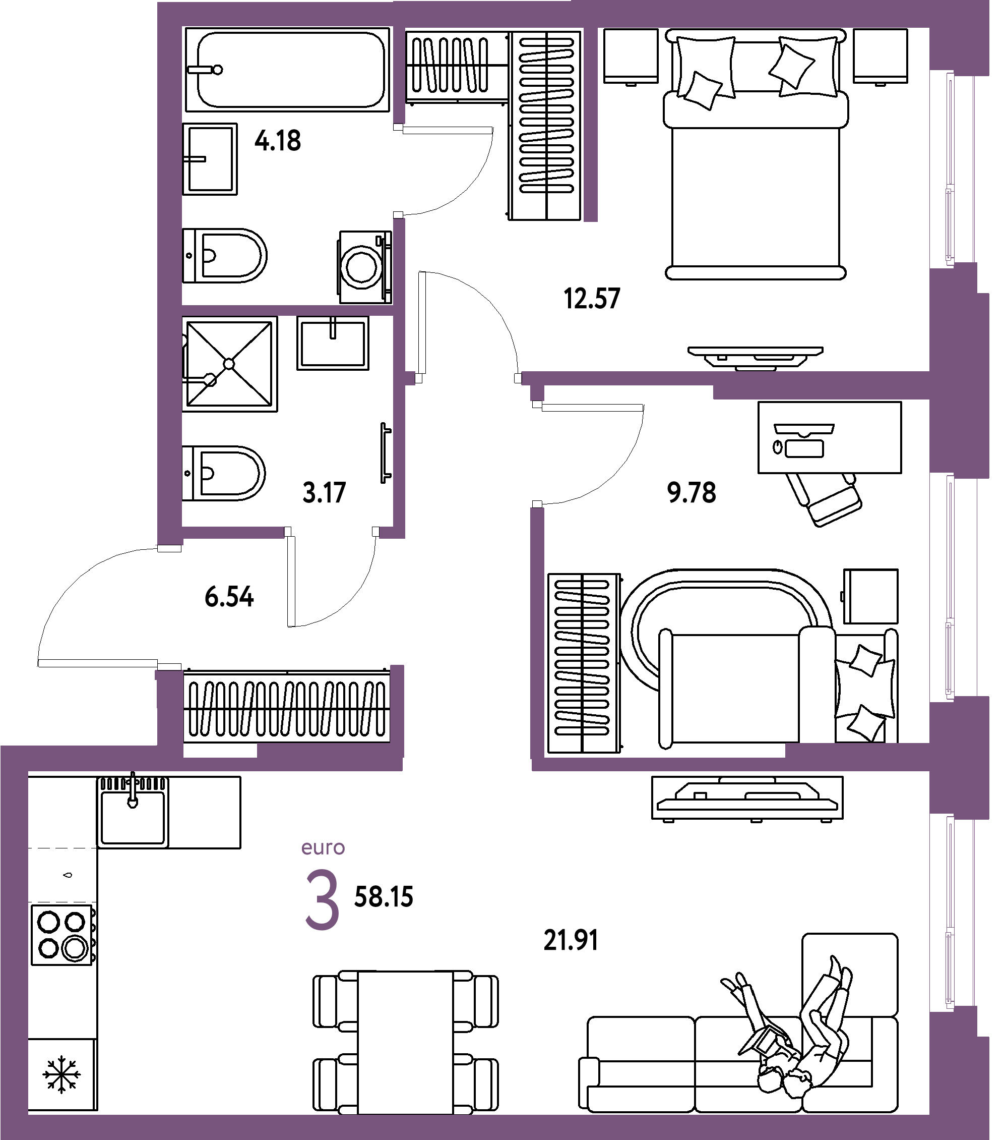 ЖК "Европейский берег 2.0"-3-комнатная 58.15 м²