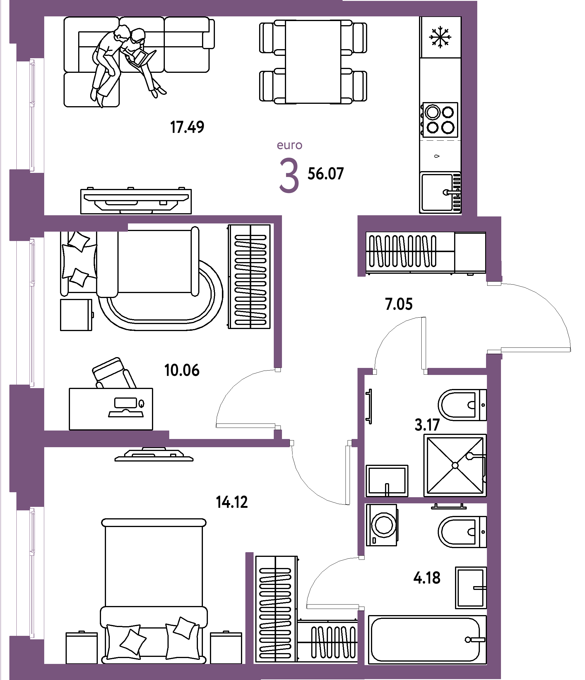 ЖК "Европейский берег 2.0"-3-комнатная 56.07 м²
