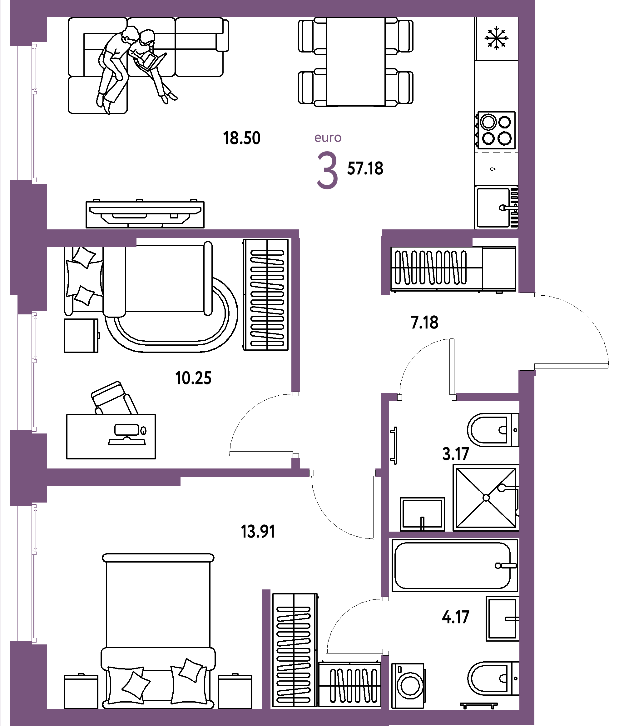 ЖК "Европейский берег 2.0"-3-комнатная 57.18 м²