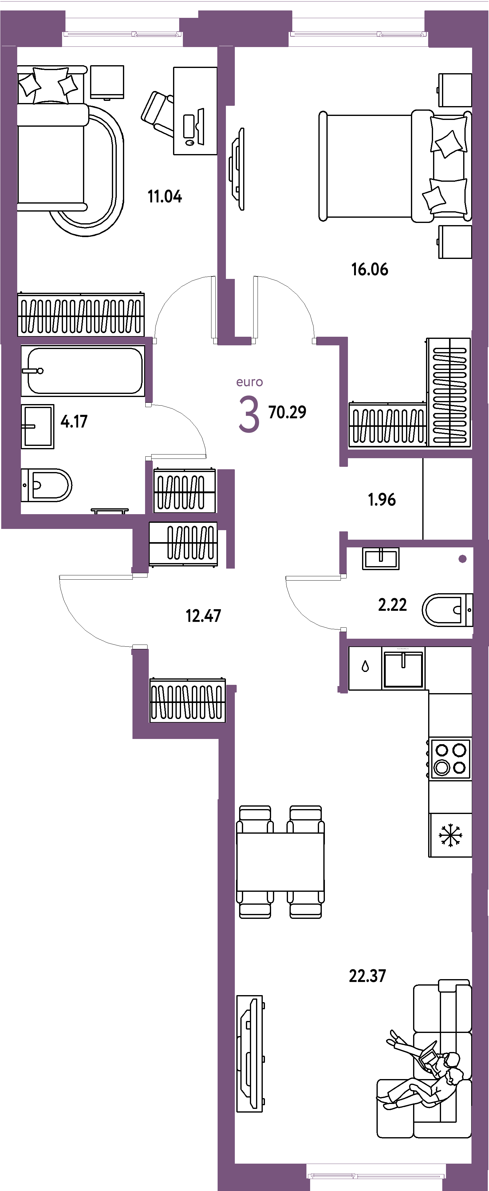 ЖК "Европейский берег 2.0"-3-комнатная 70.29 м²