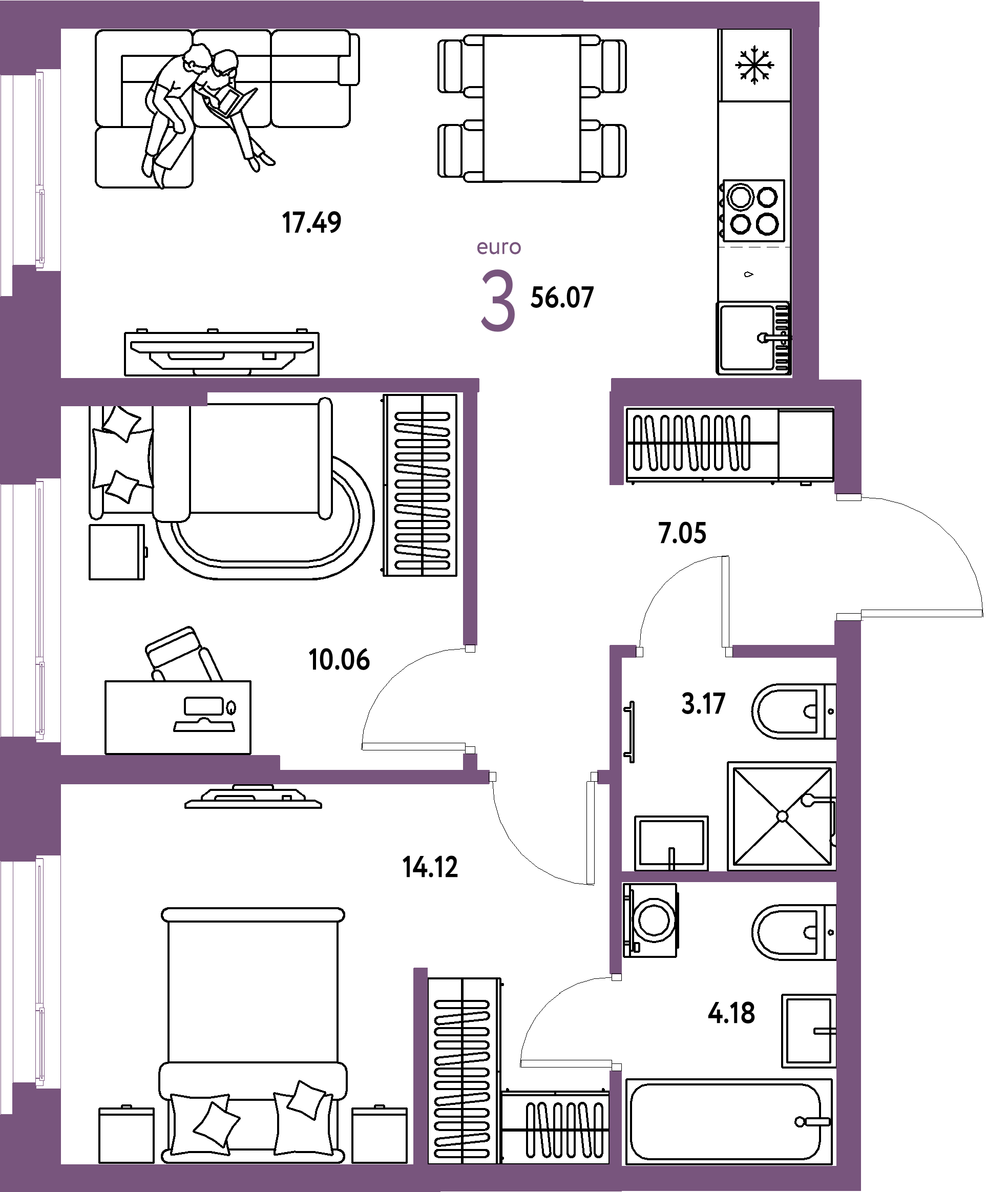 ЖК "Европейский берег 2.0"-3-комнатная 56.07 м²