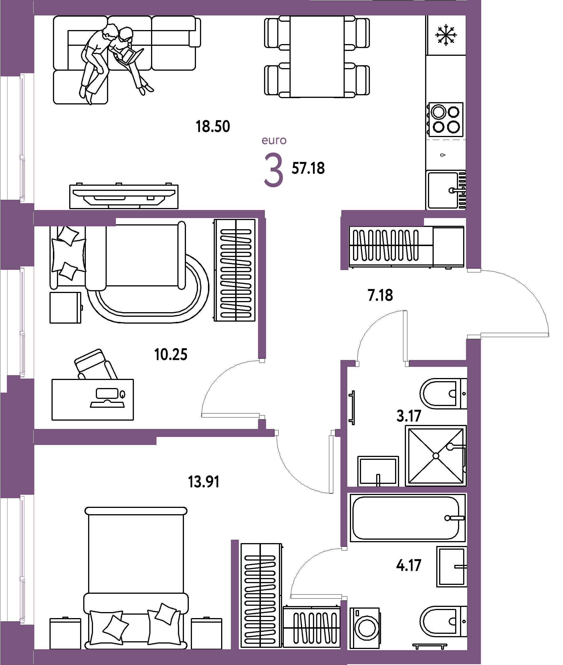 ЖК "Европейский берег 2.0"-3-комнатная 57.18 м²